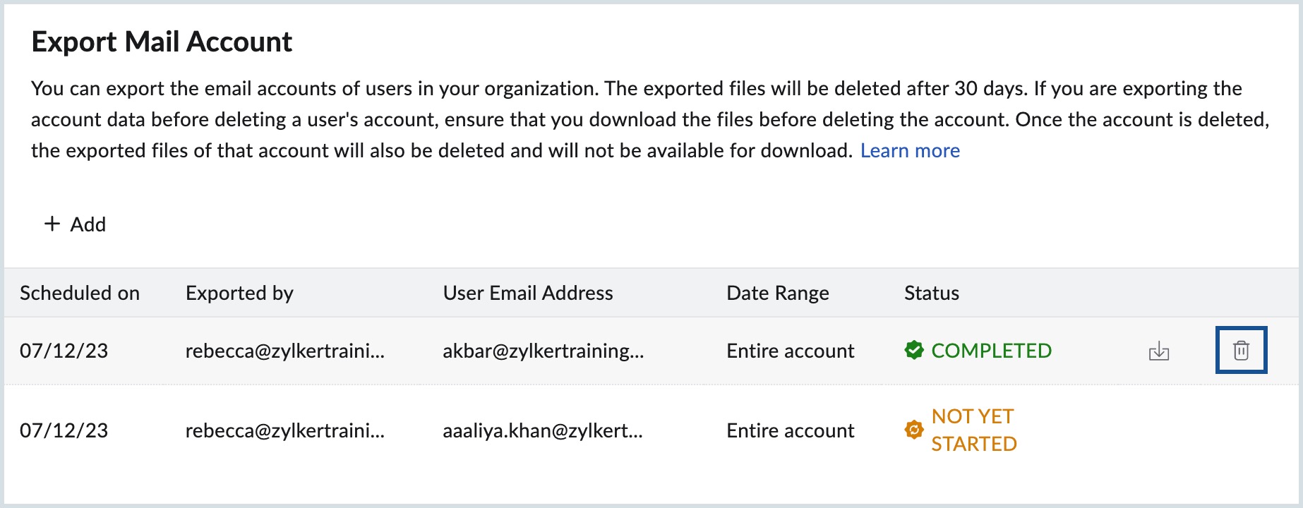 Delete an Export Export Mail Account