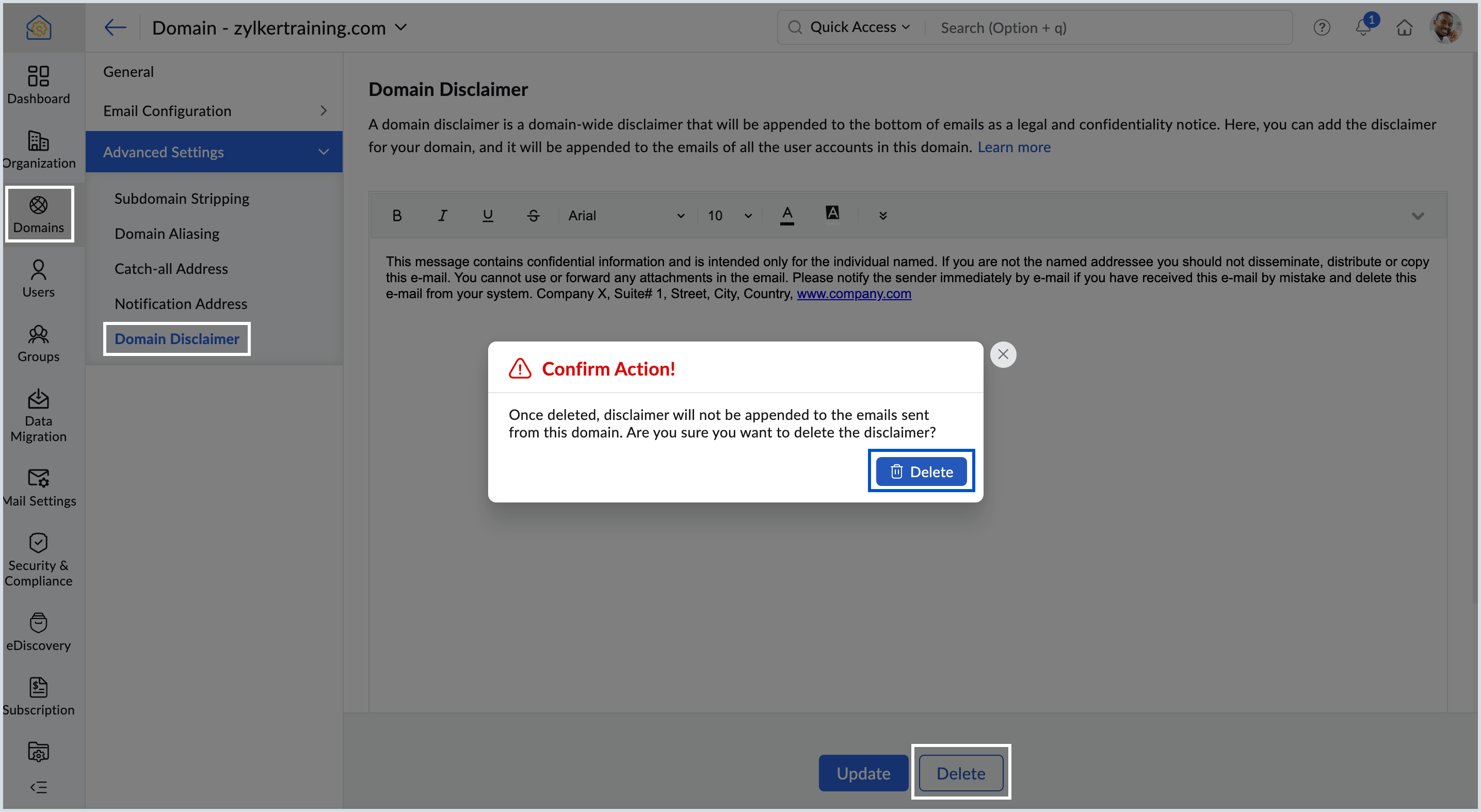 Deleting domain disclaimer