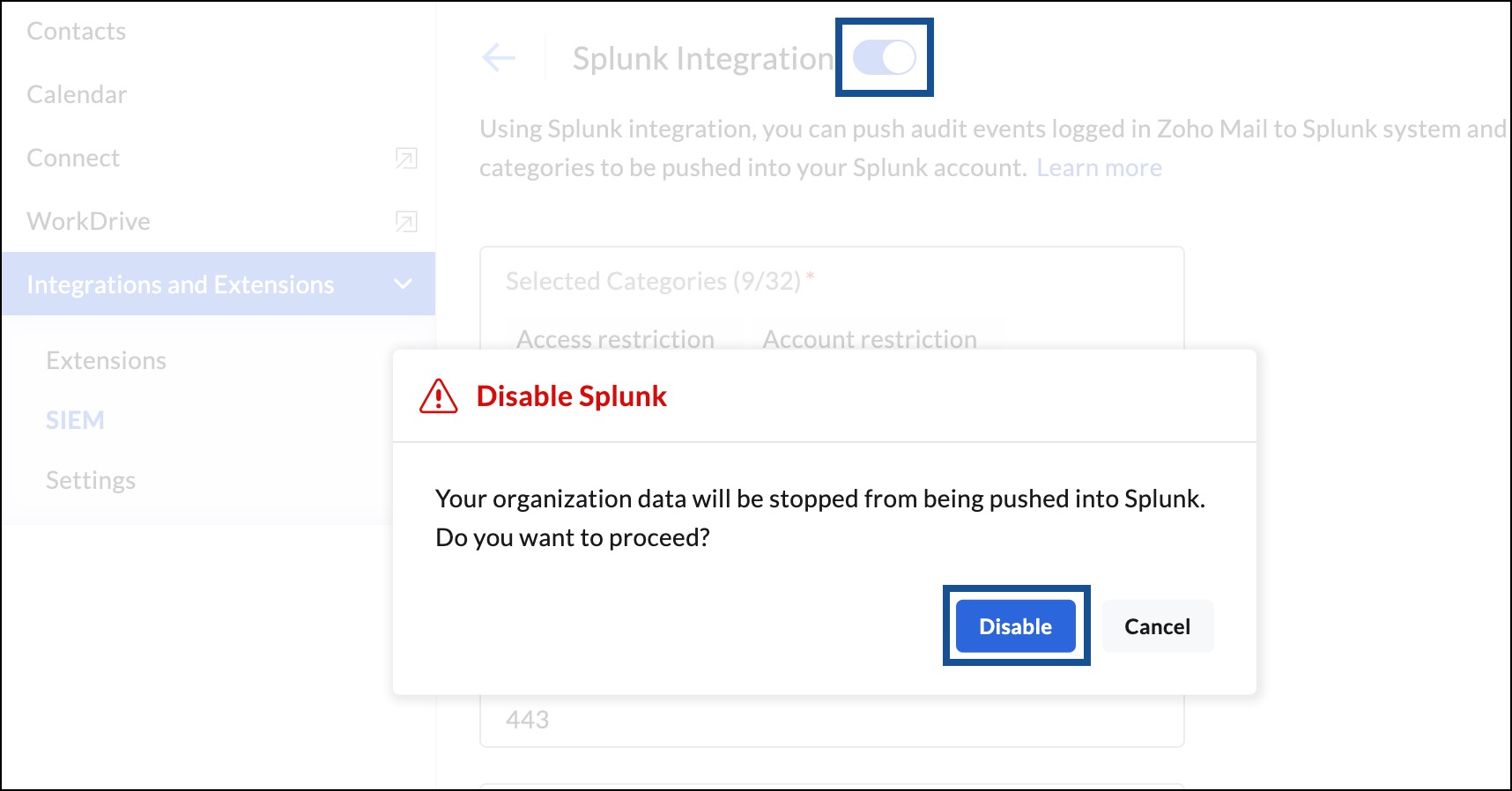 Disable Splunk Integration in Zoho Mail SIEM Integration