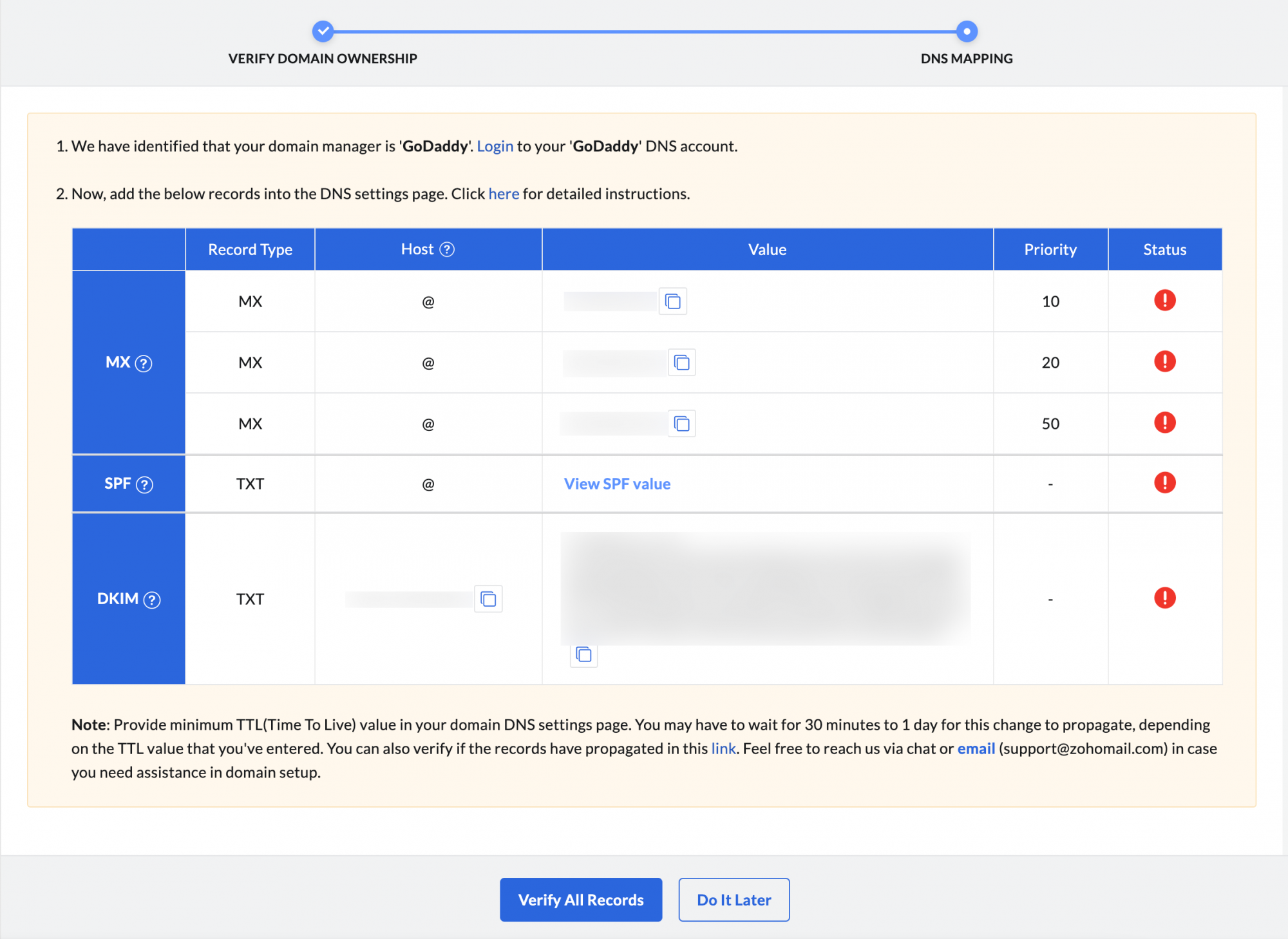 Zoho Mail Admin Console Domain Setup