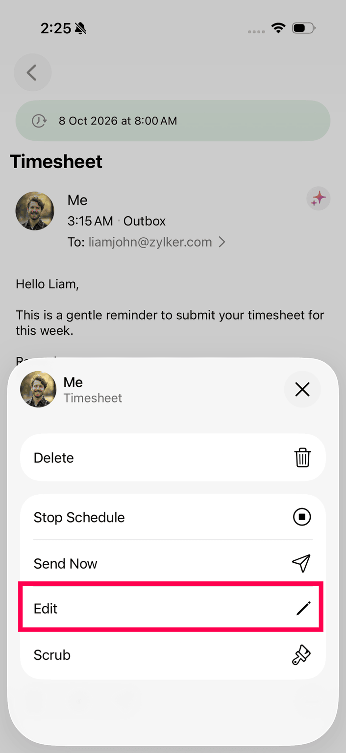 Edit scheduled emails Edit scheduled emails in Zoho Mail iOS app