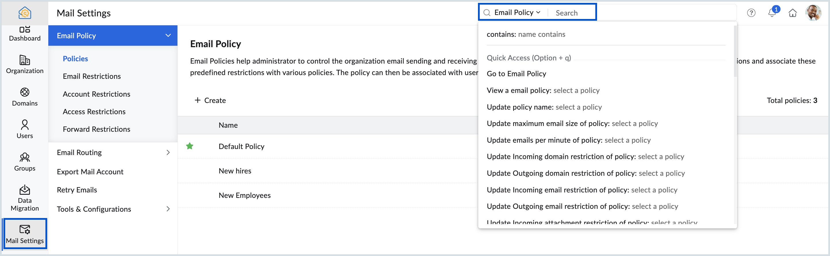 Search across the Email policy