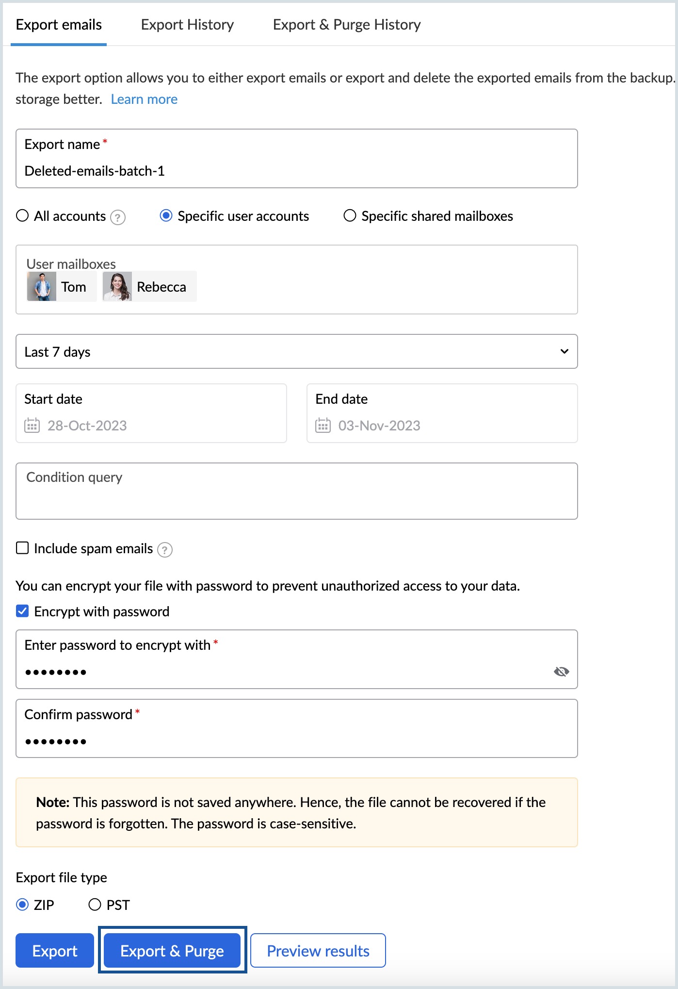 Manage backup storage export & purge