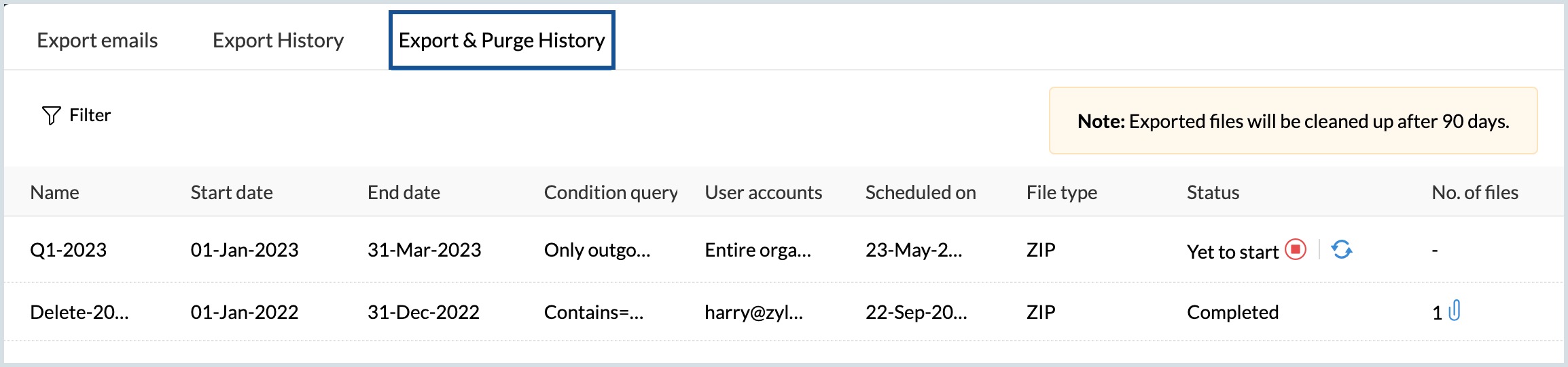Export and purge history export status