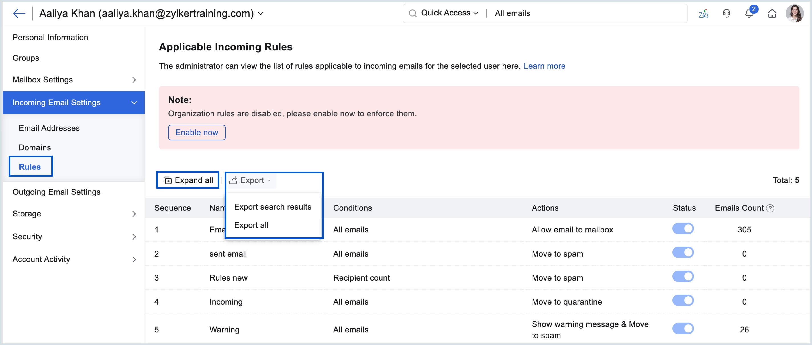 Export incoming rules