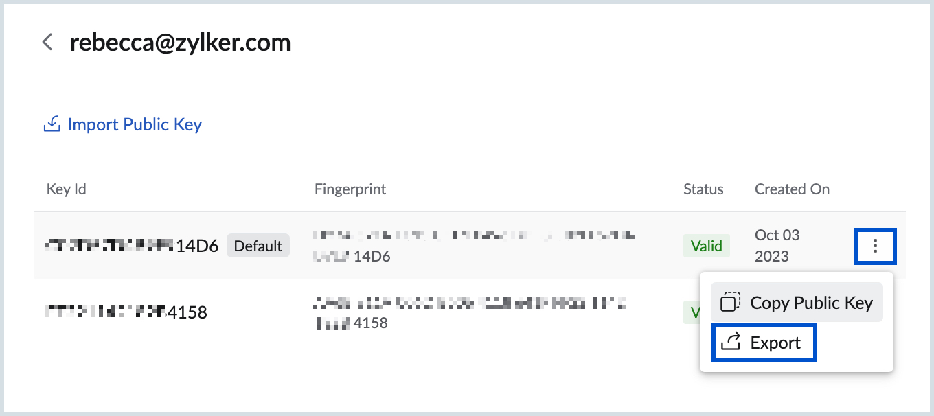 Export keys Export keys