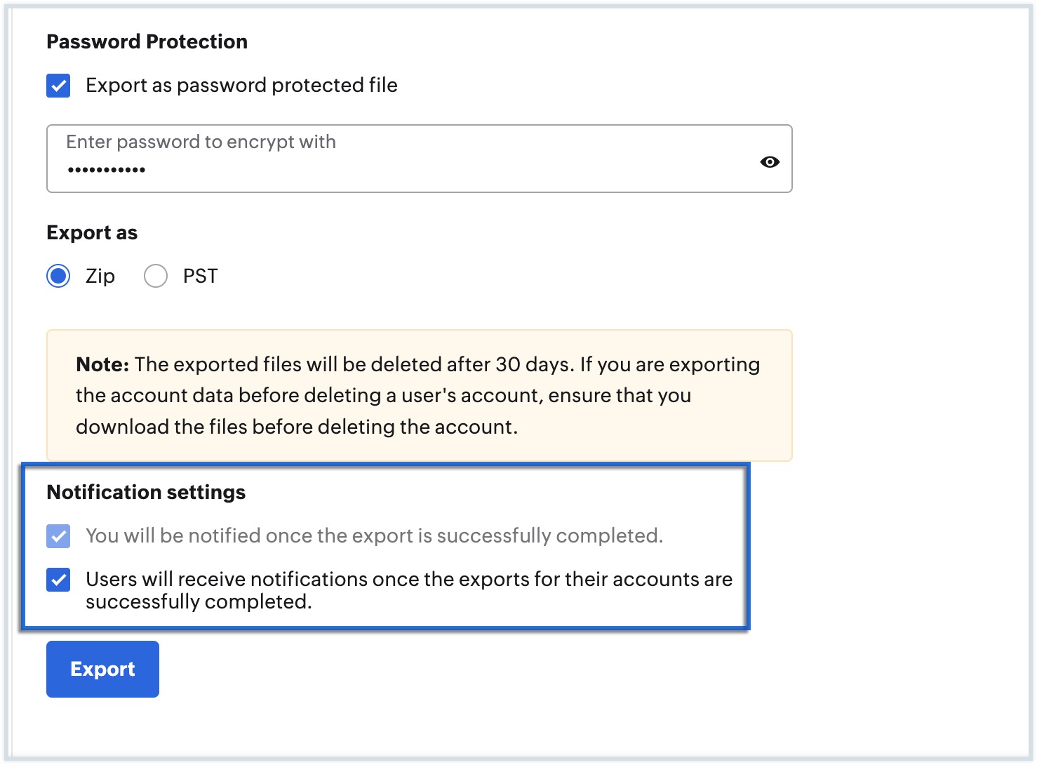 Mail Account Export Notification Export Mail Account