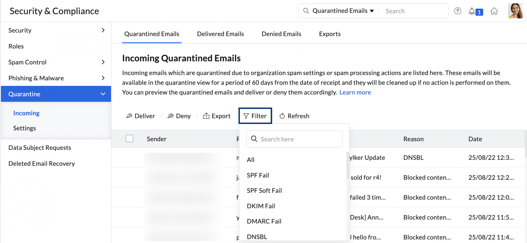 filter quarantined emails