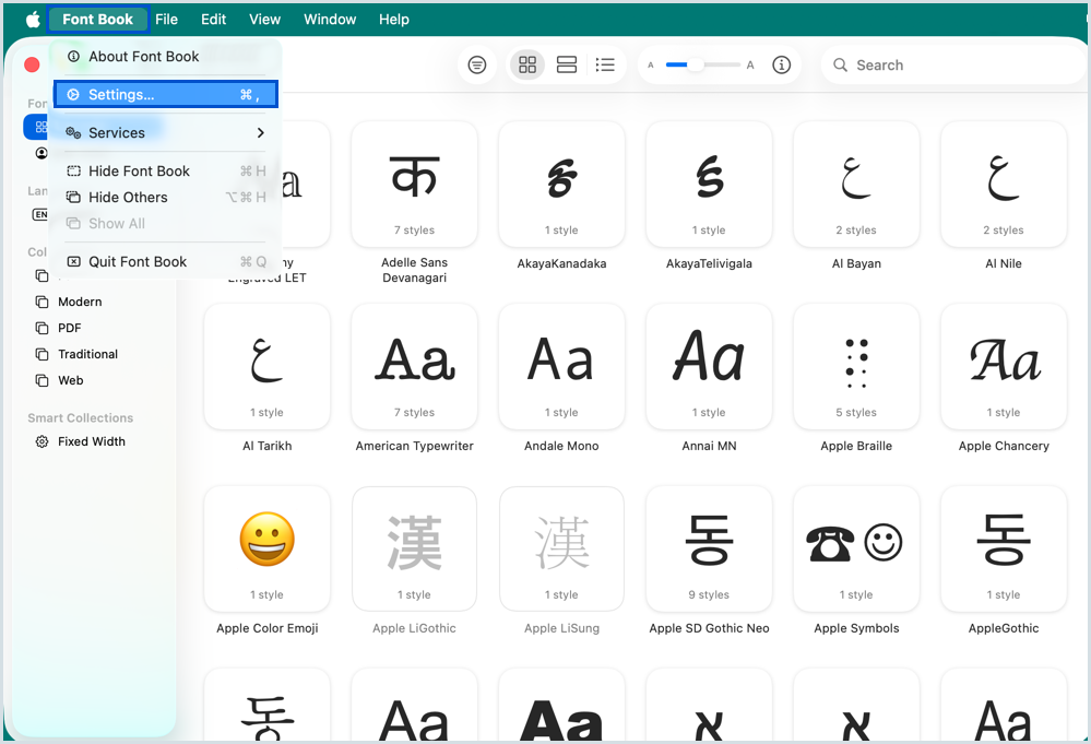 Font Book Settings Font Book Settings