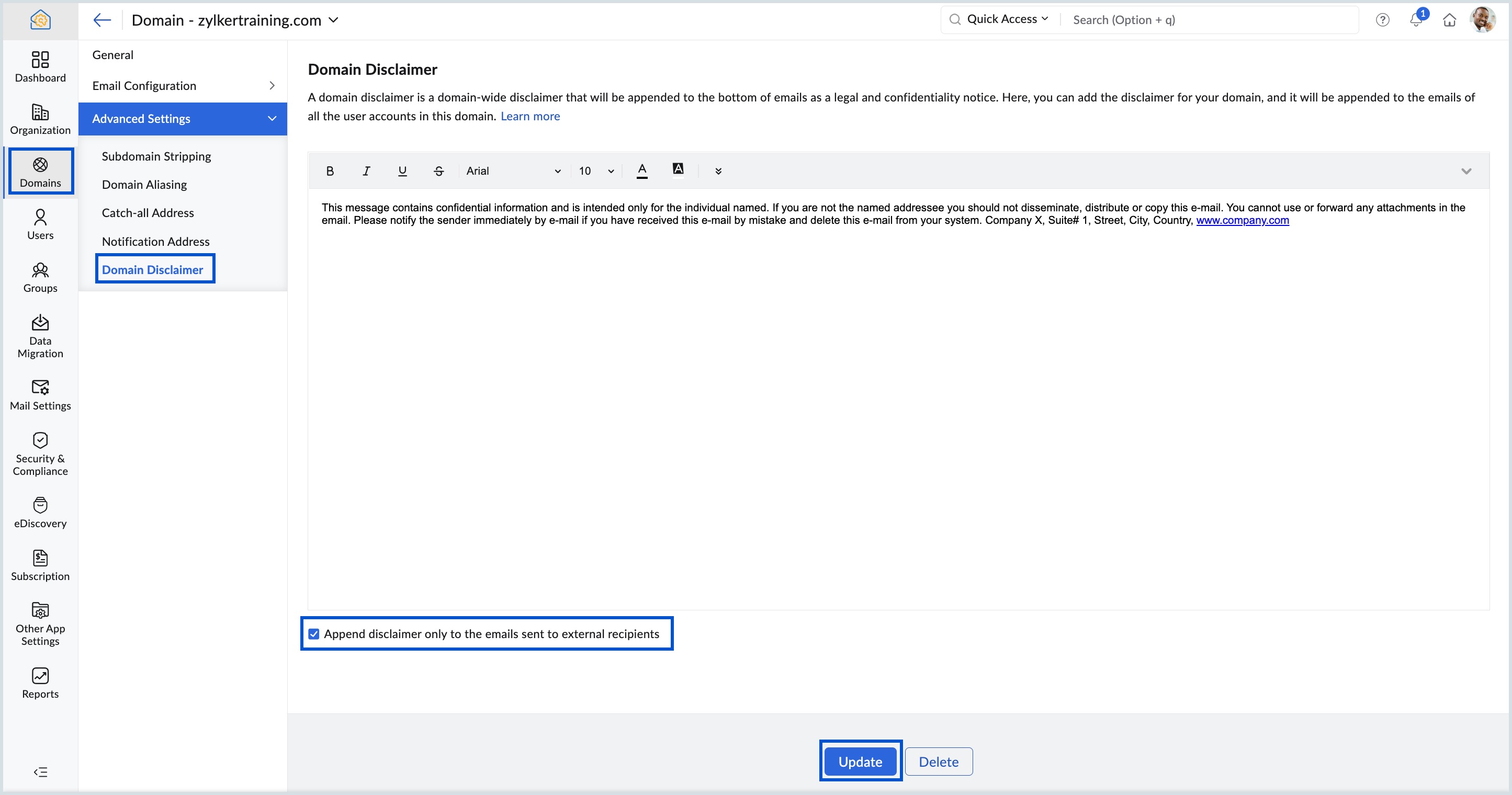 Formatting domain disclaimer