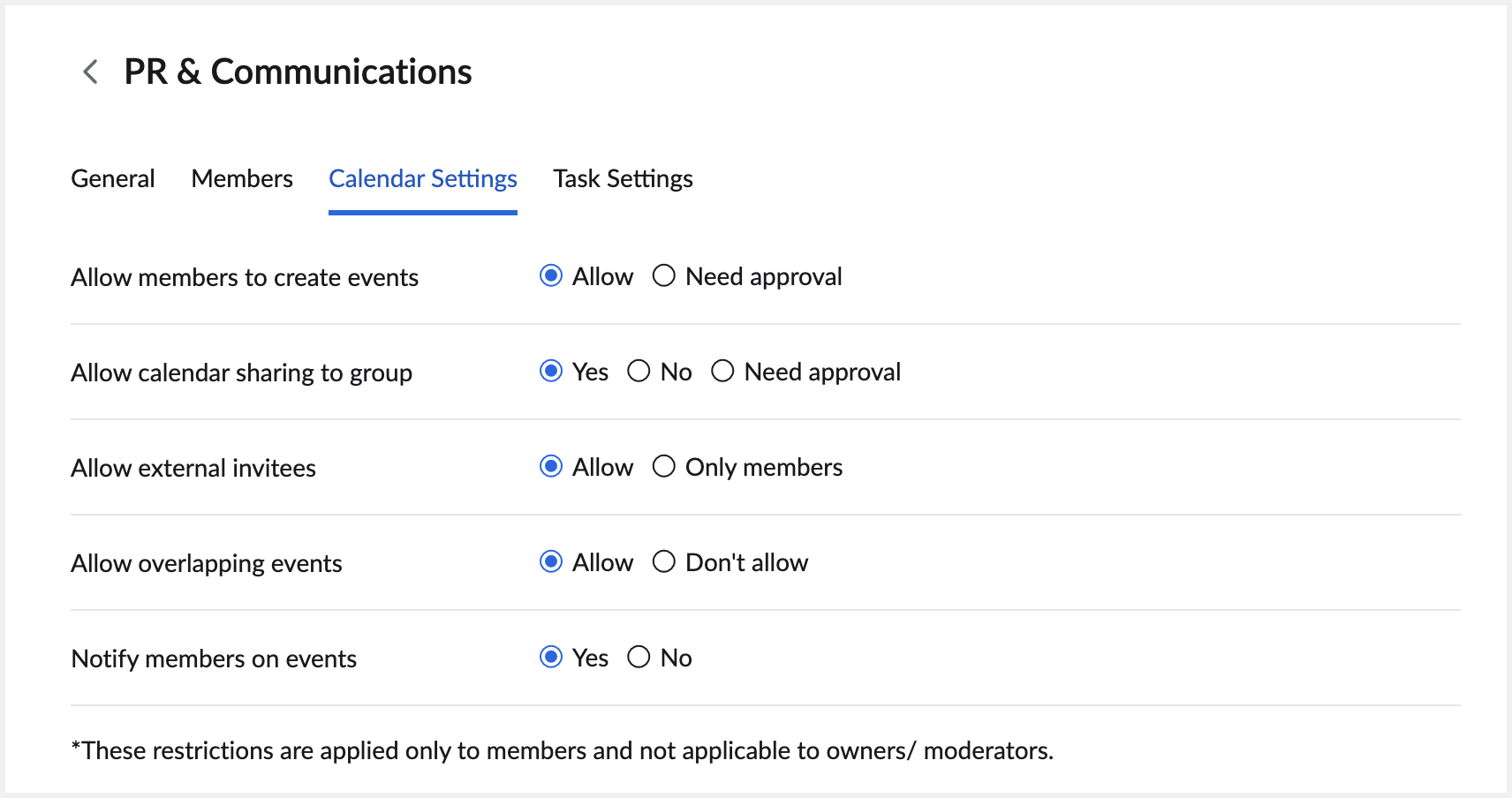 Group calendar settings
