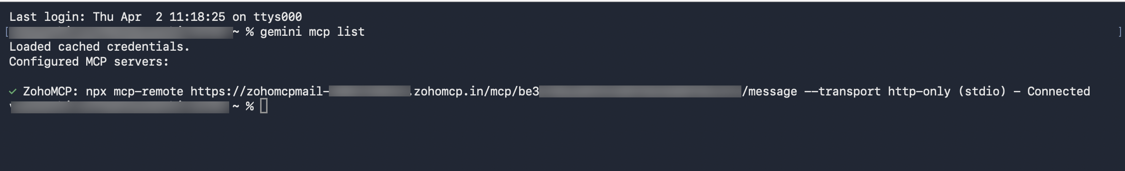 Gemini CLI MCP connected server Gemini CLI MCP server connected is displayed in terminal