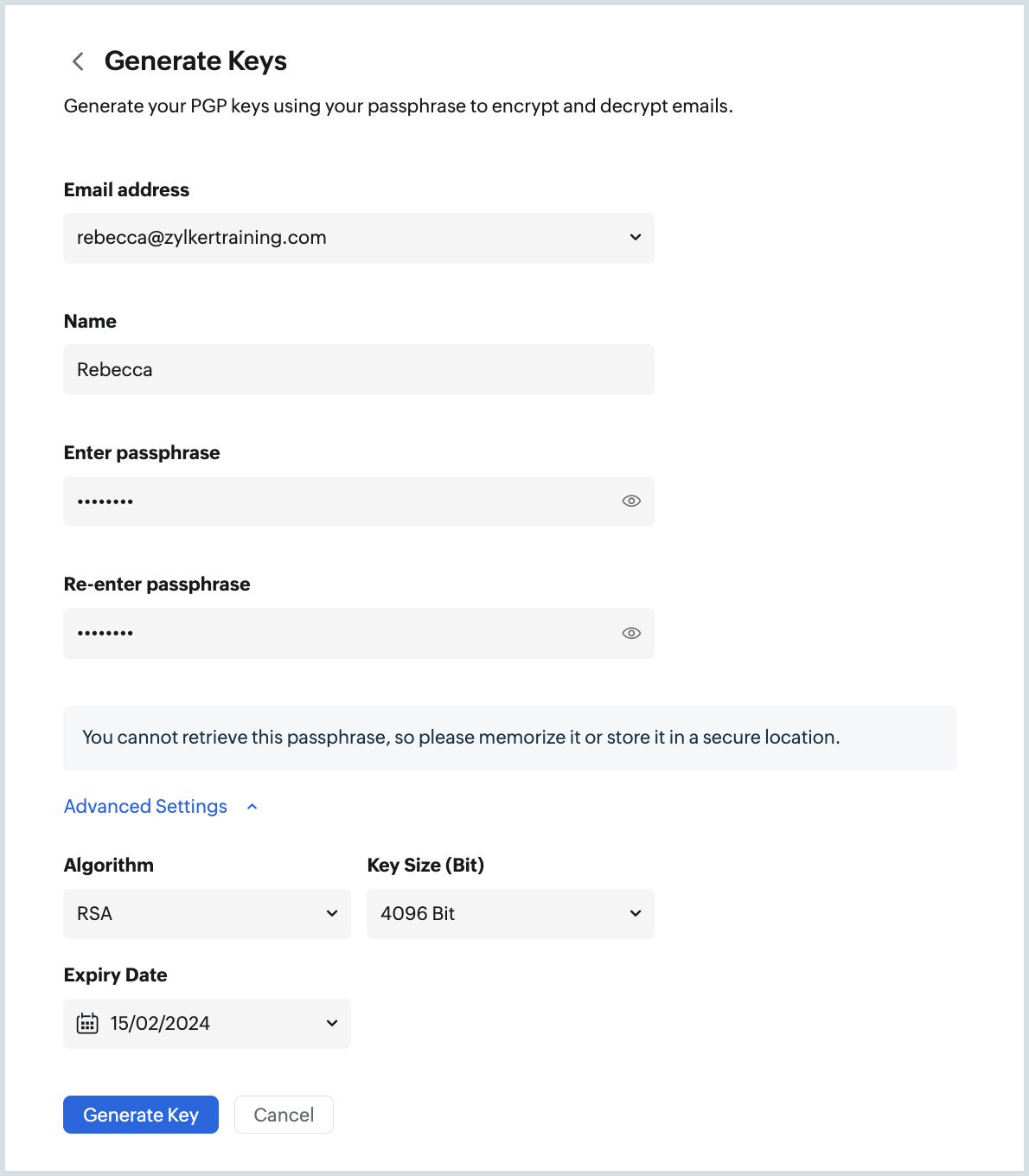 Generate keys Generate keys