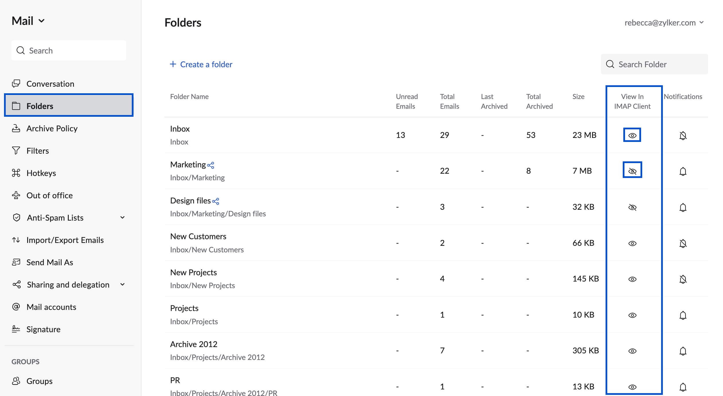 Folder settings IMAP