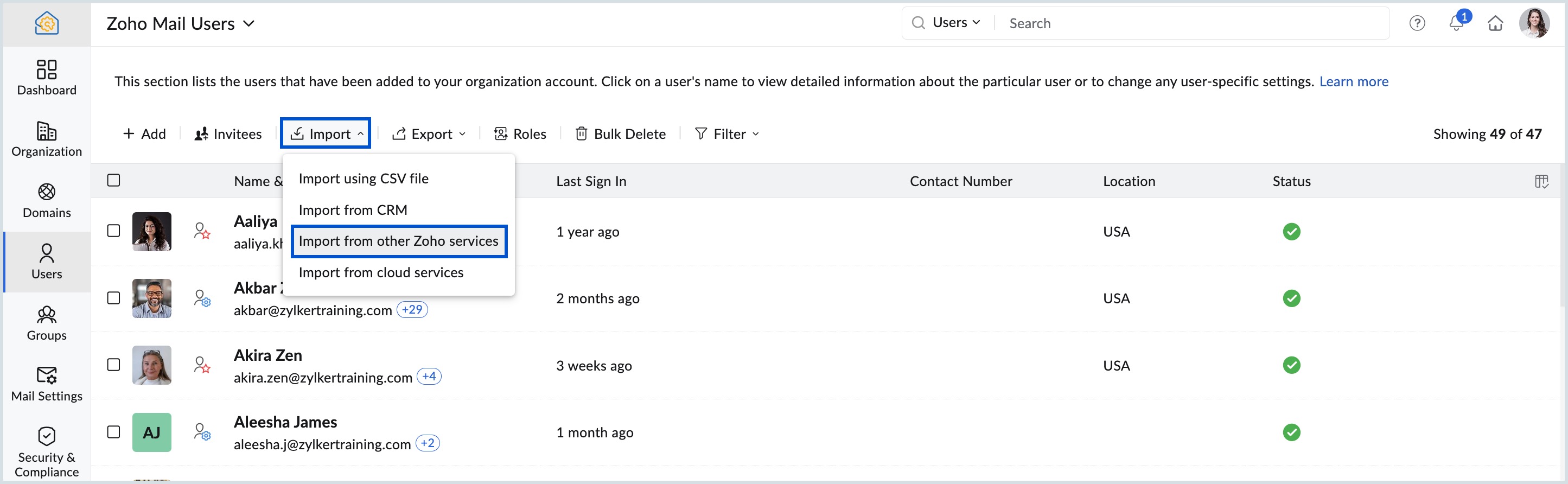 Importing users from other Zoho Services