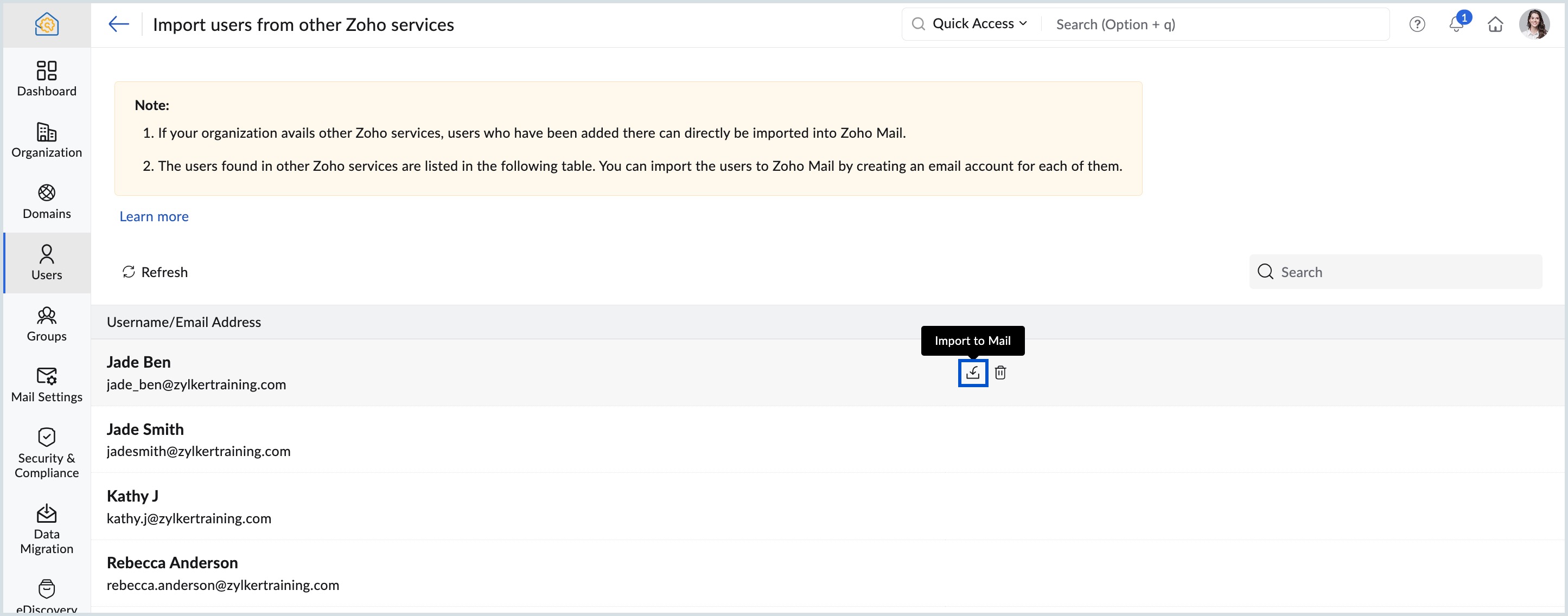 Importing users from other Zoho Services