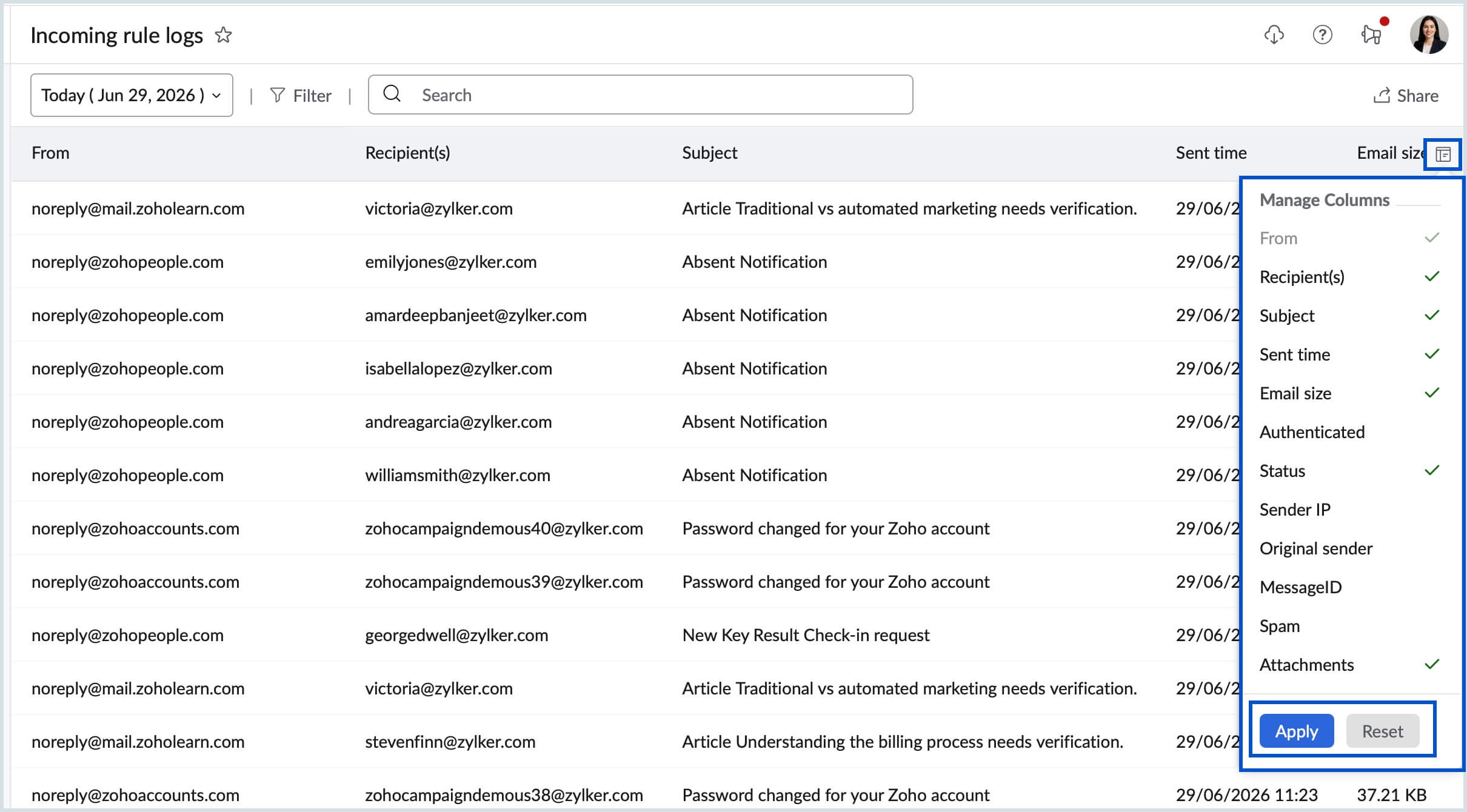 Manage incoming rule logs