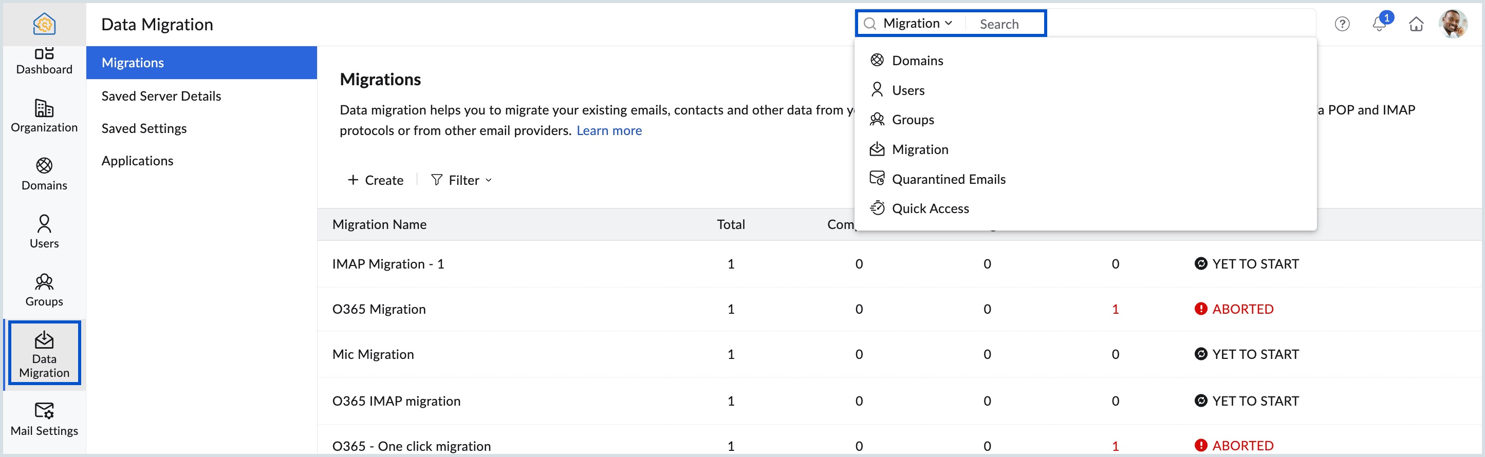 Migration section search