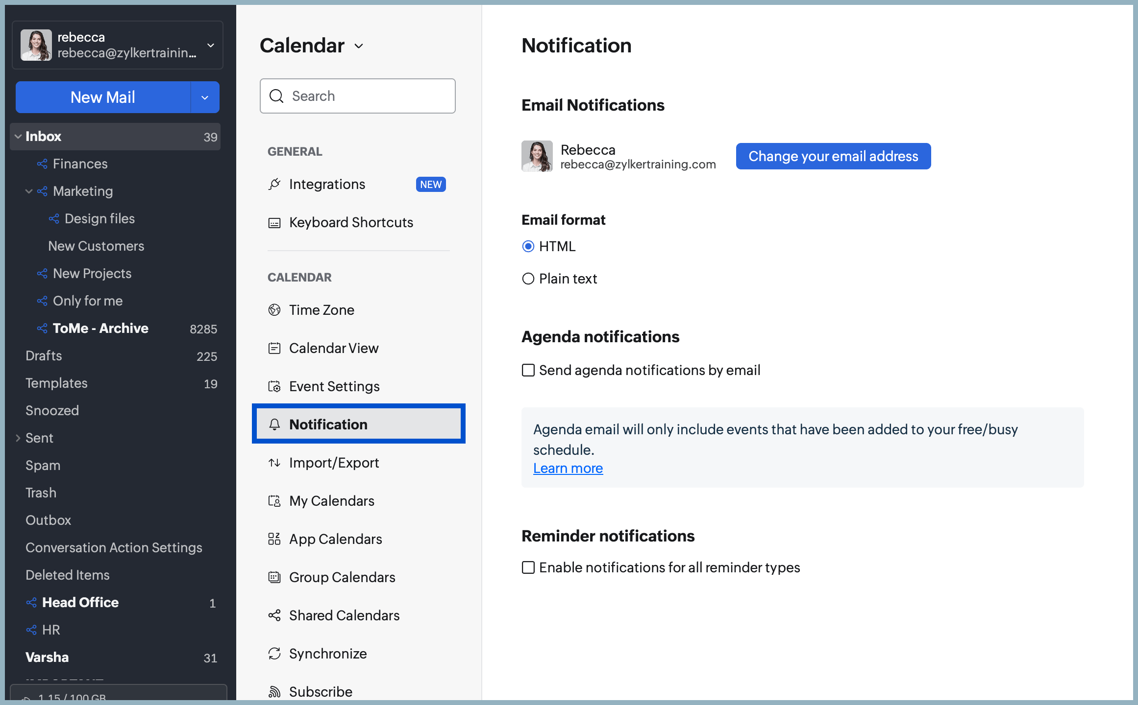 Calendar notification settings