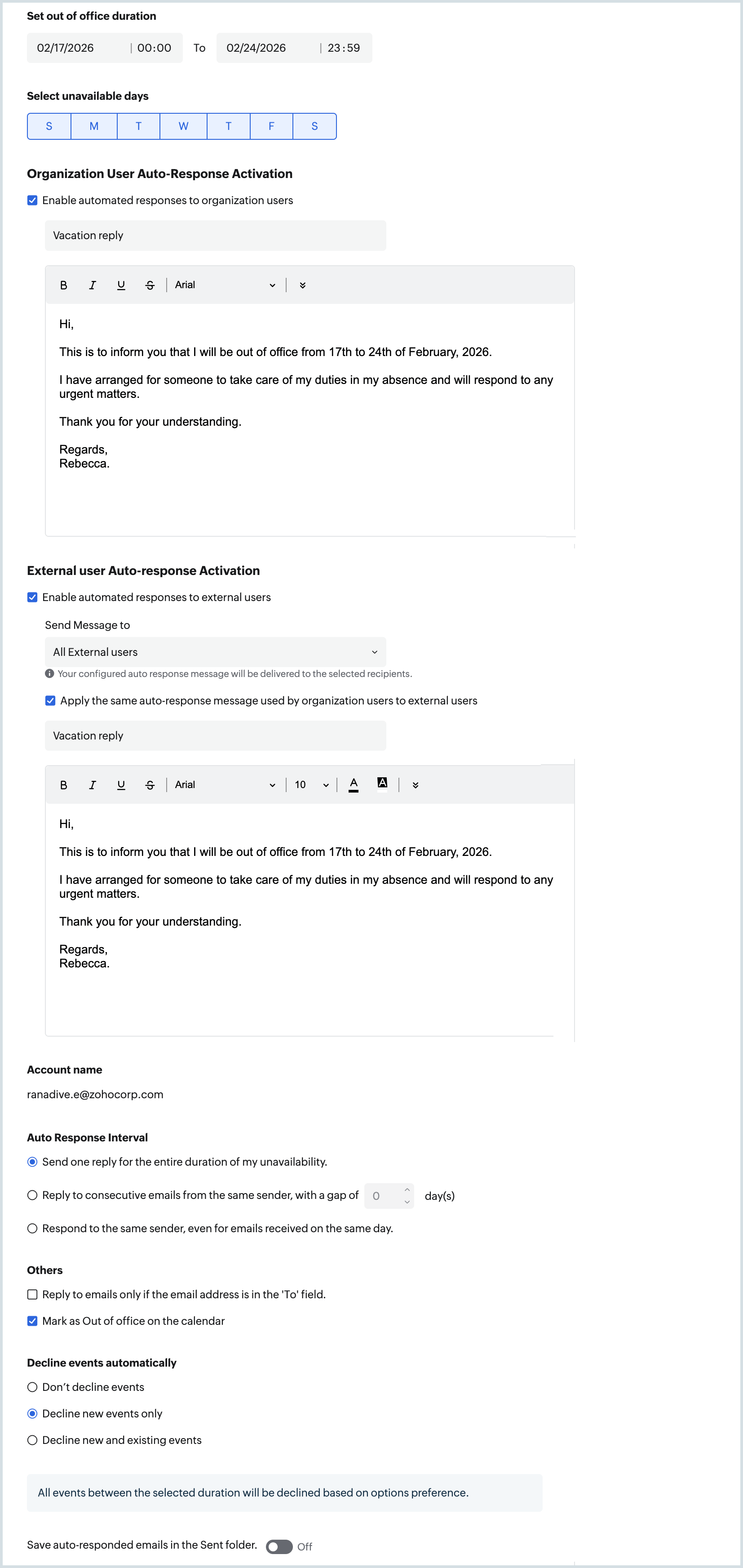 Out-of-office settings