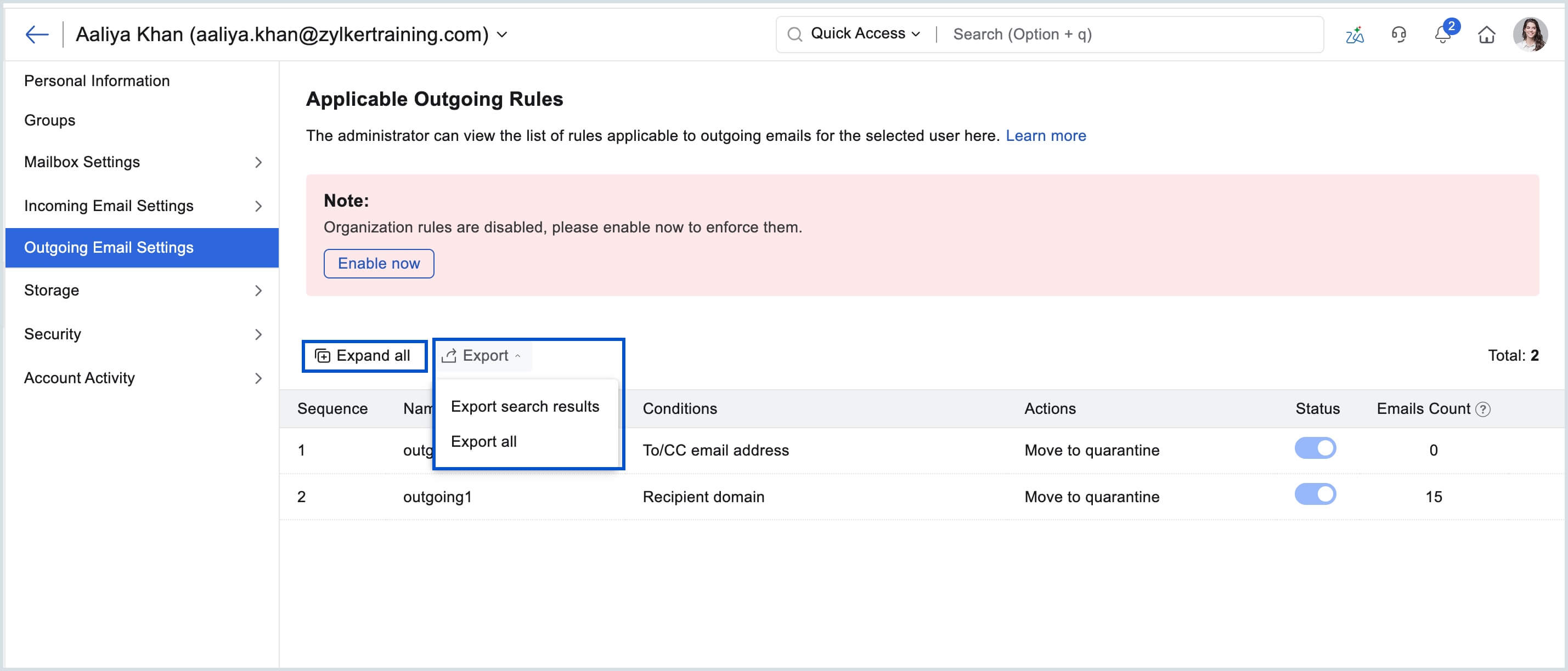 Export outgoing rules