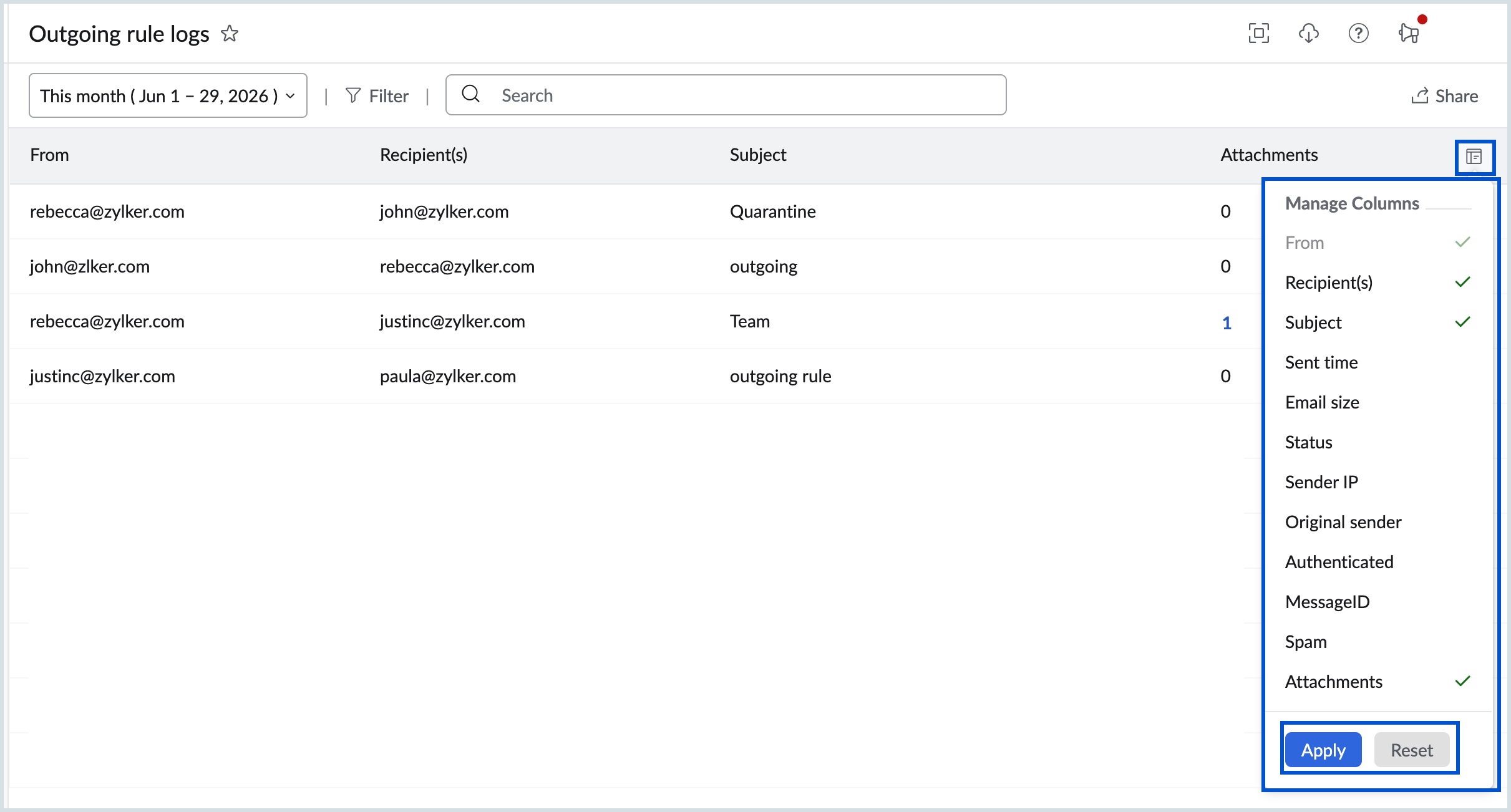 Manage outgoing column