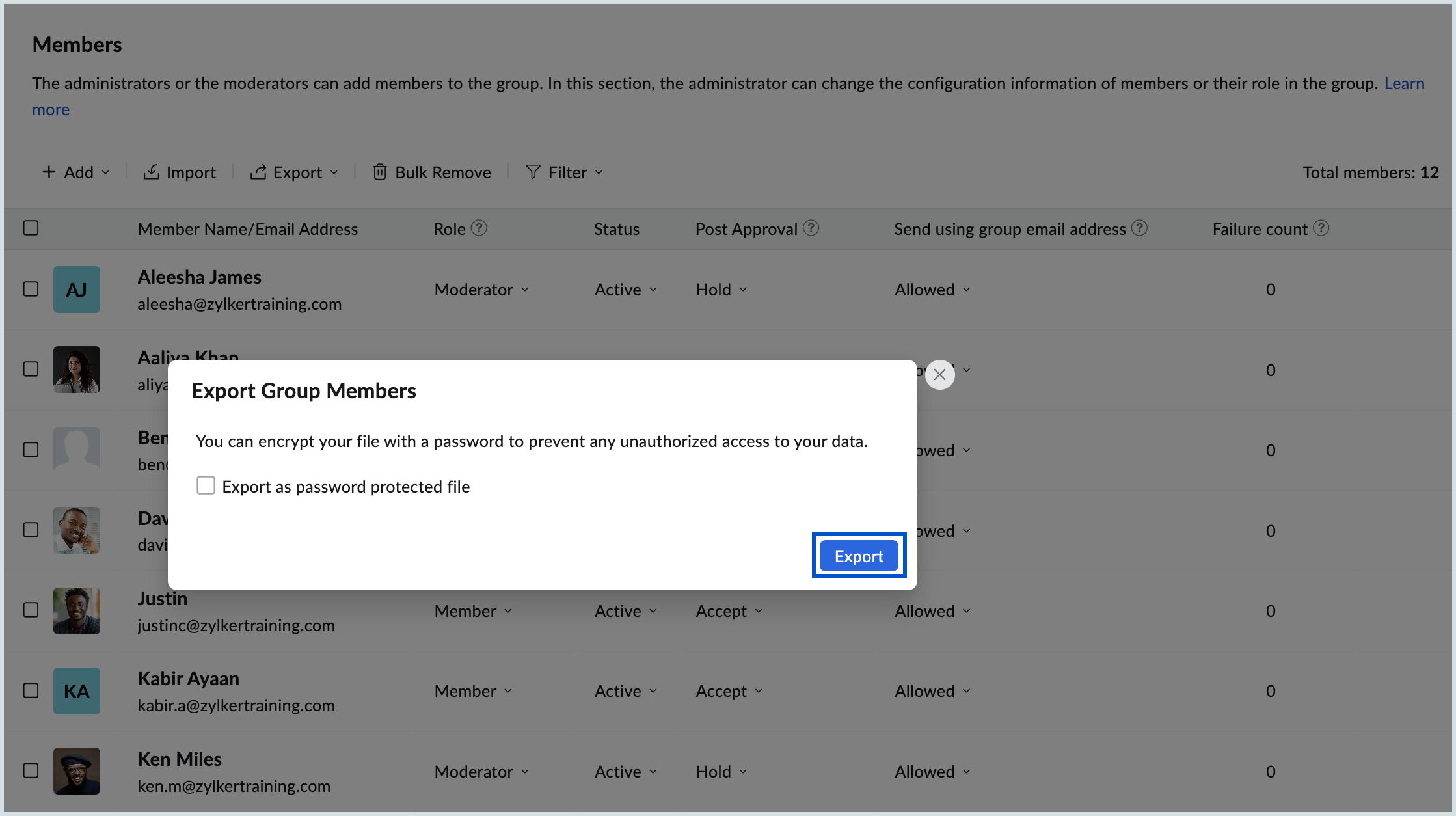 Export file as password protected file
