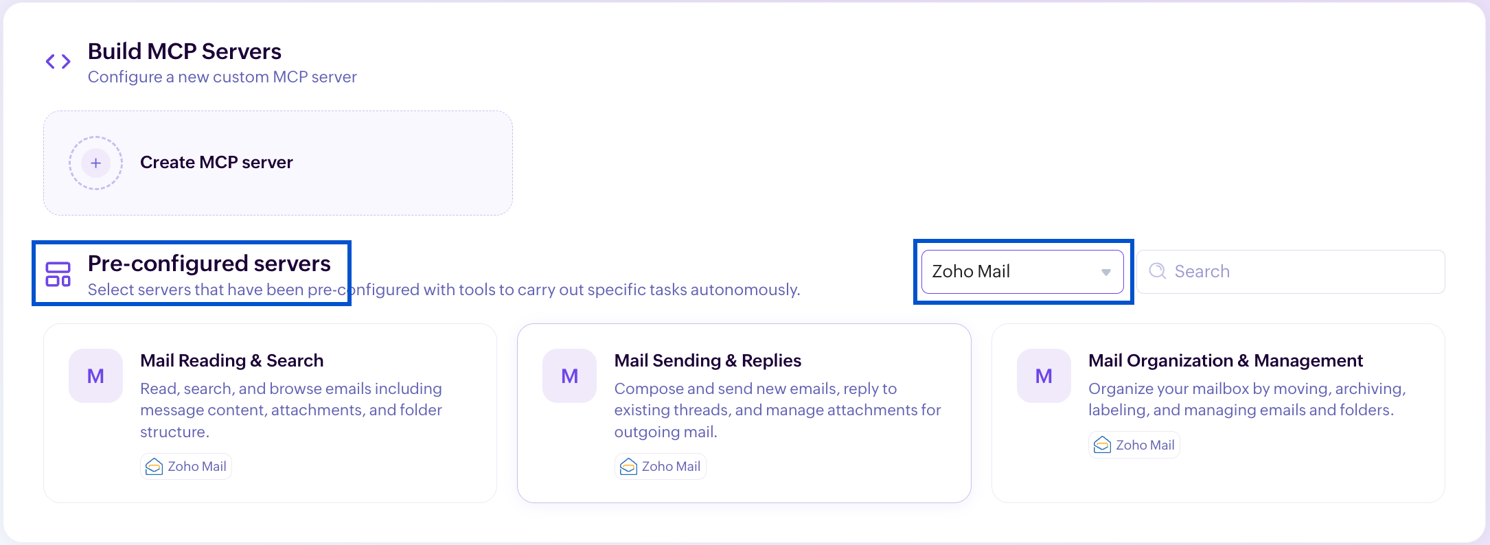 Zoho Mail MCP pre-configured server list Pre-configured server list
