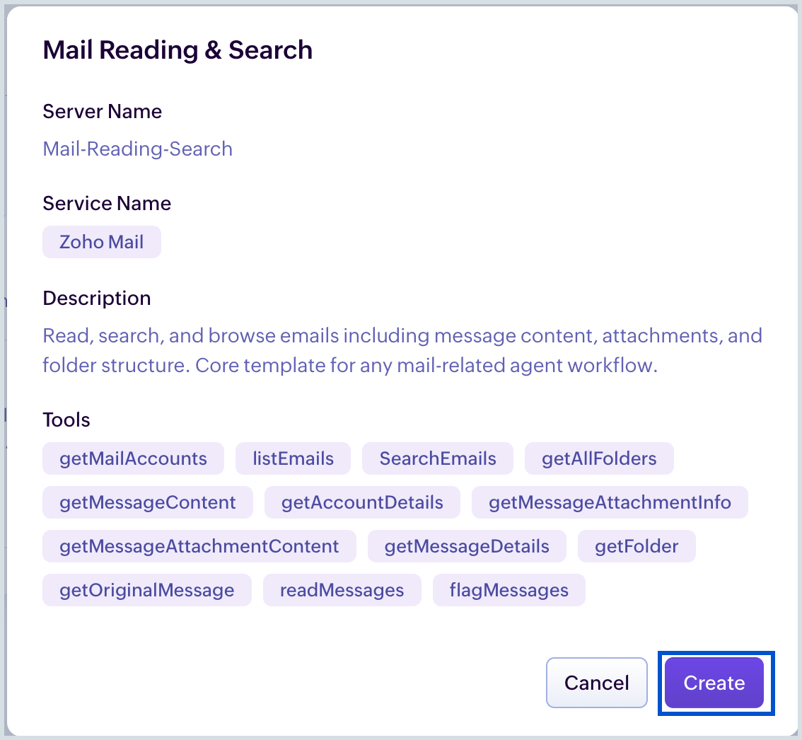 Zoho Mail MCP pre-configured server list Pre-configured server list