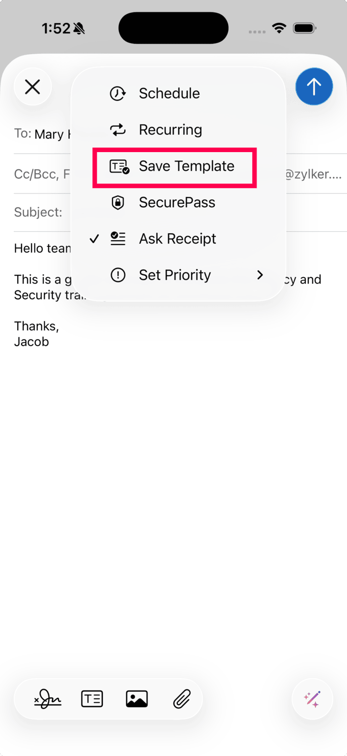 Save template Save template in Zoho Mail iOS app