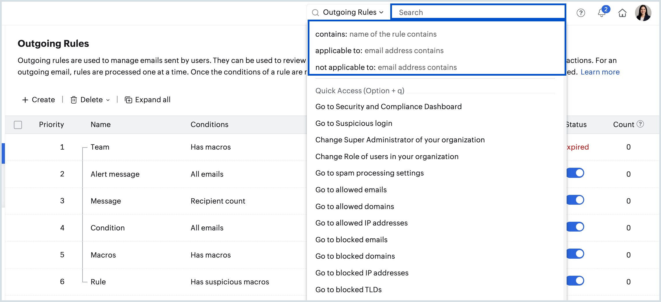 Search outgoing rules