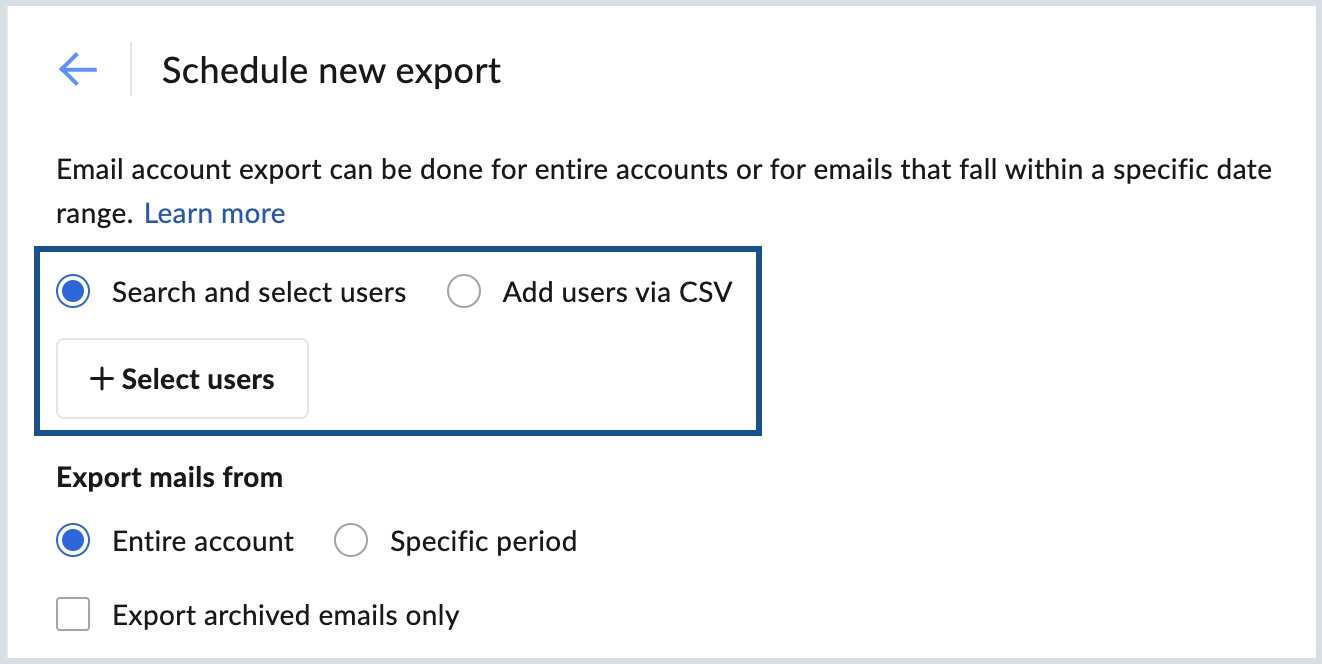 Select User Accounts to Export Export Mail Account