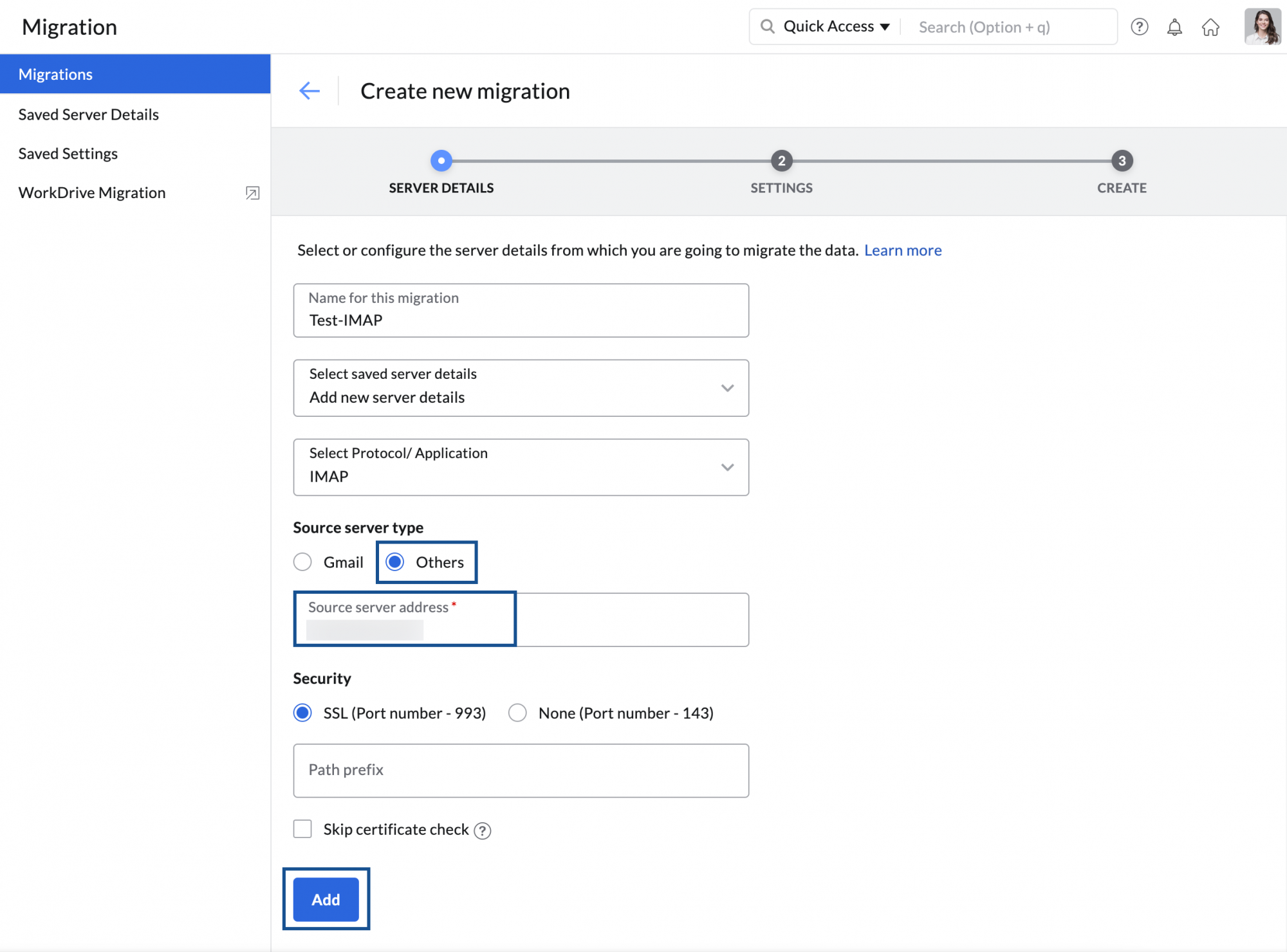 add server details for IMAP