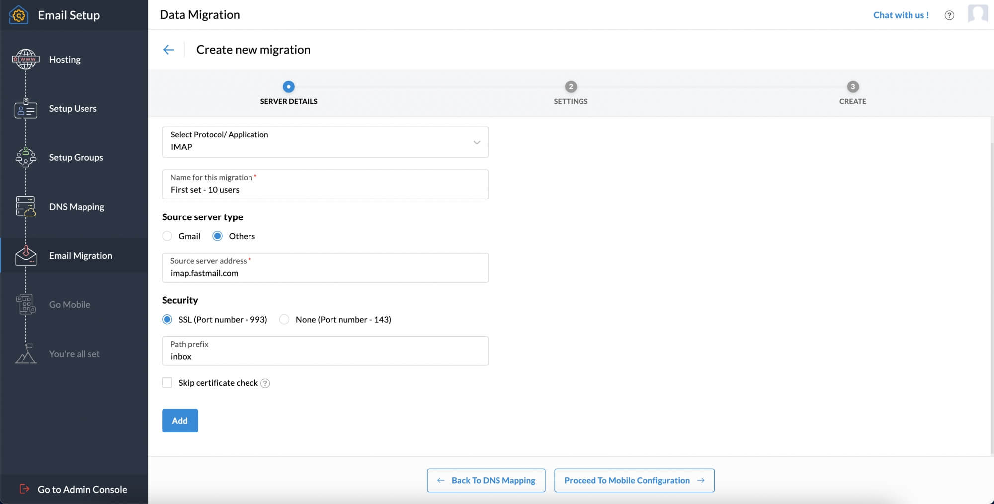Select protocol/application Select protocol/application