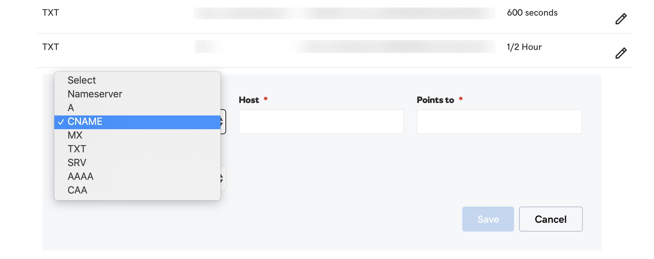 レコードタイプをCNAMEに設定します。 レコードタイプをCNAMEに設定します。