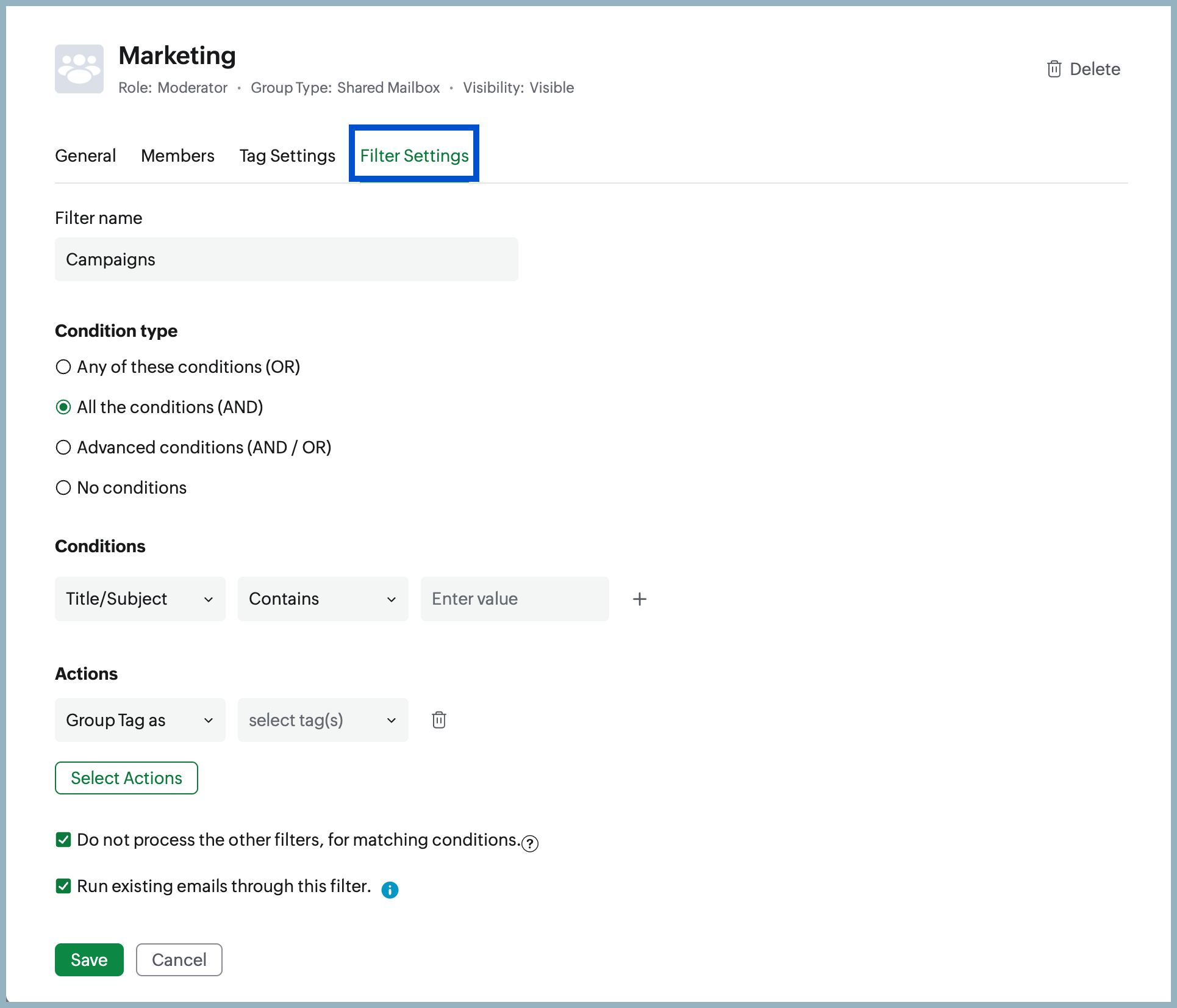Shared Mailbox Filter creation