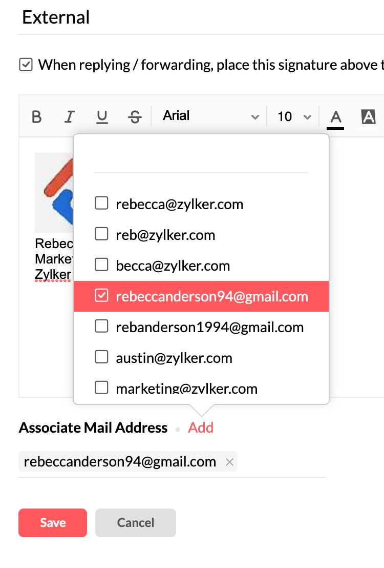 Associating email alias with signature