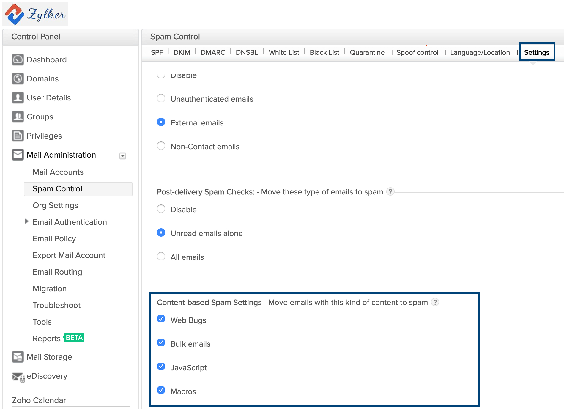 組織のコンテンツに基づいてメールをブロックする