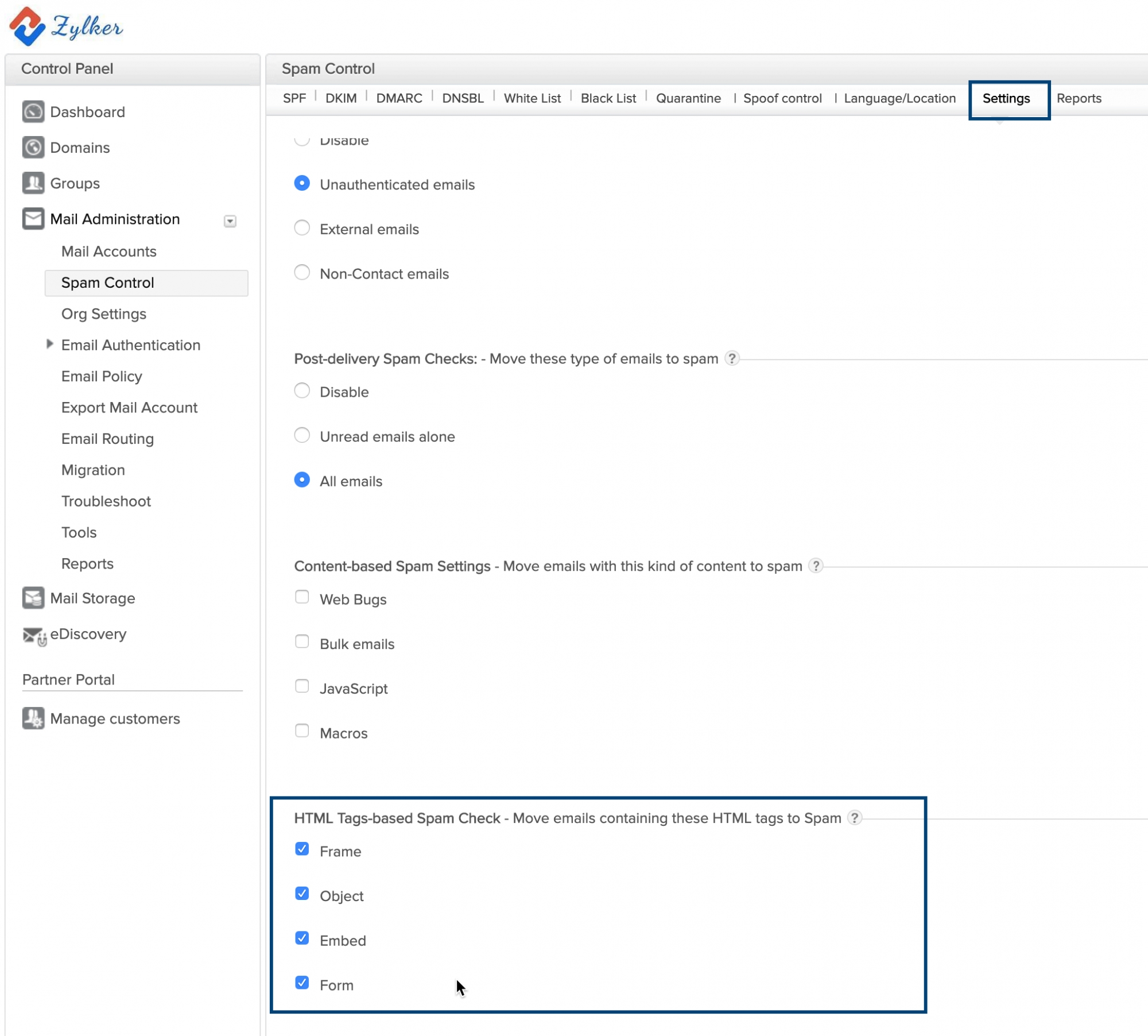 HTMLコンテンツに基づいてメールをブロックする