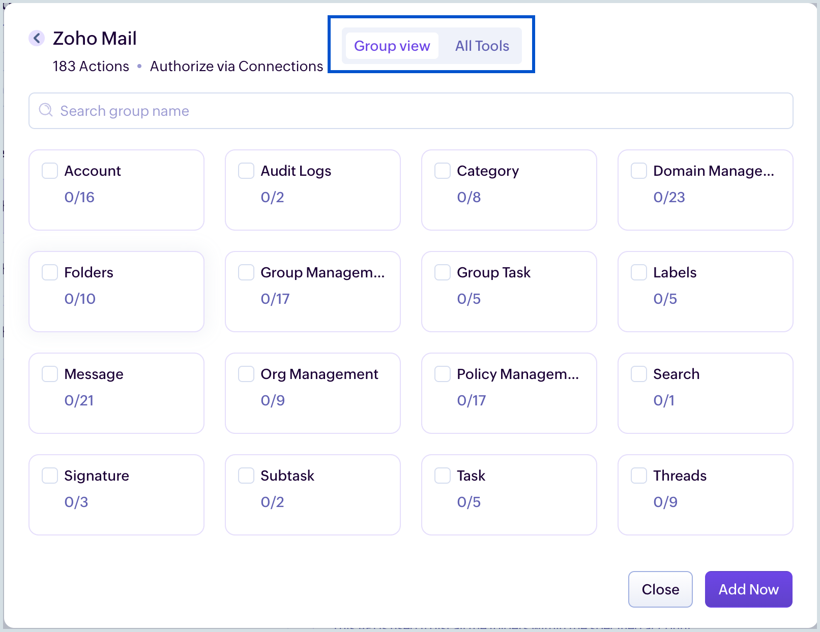 Zoho Mail MCP tools view Tools view