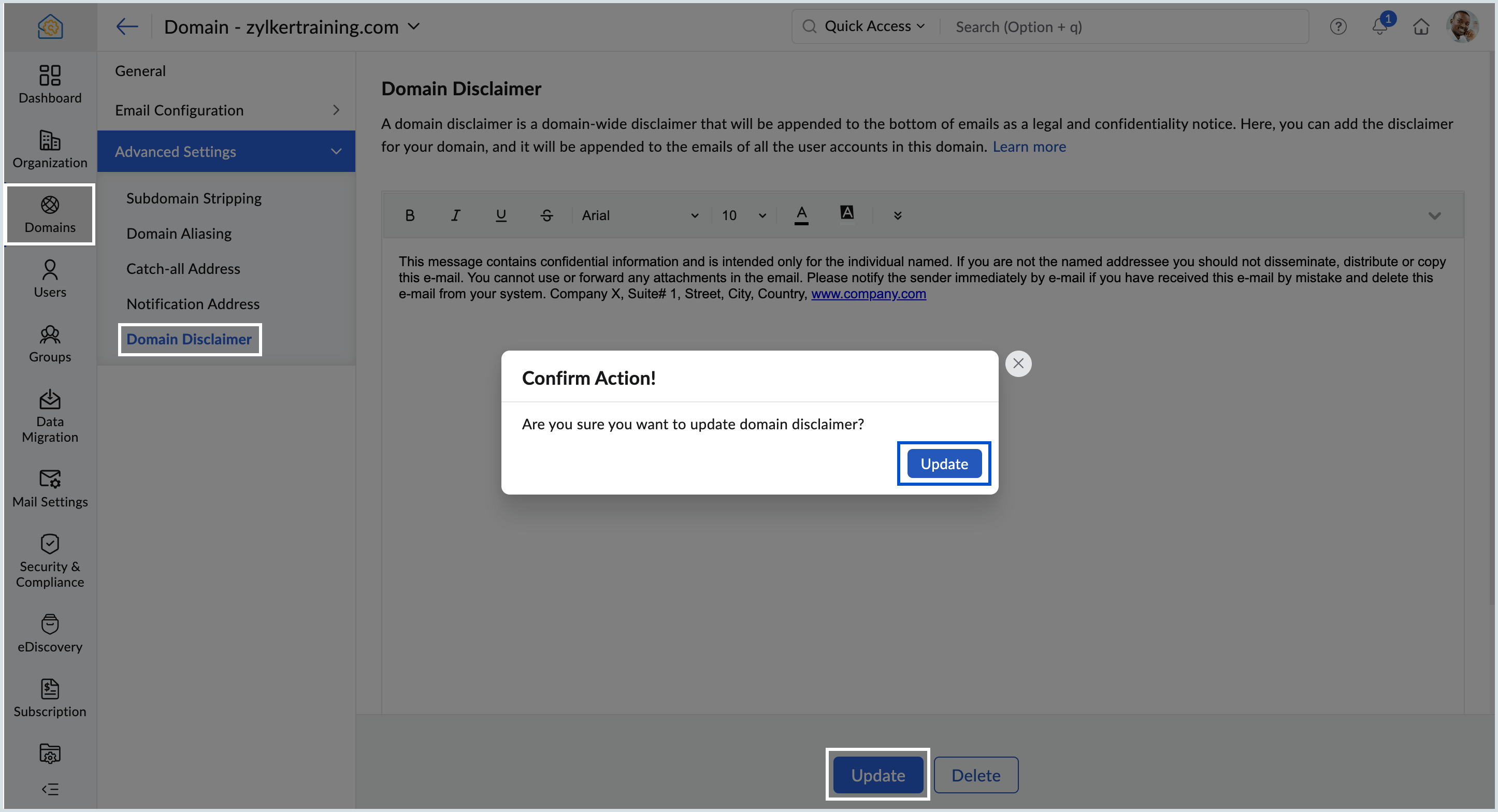 Updating domain disclaimer
