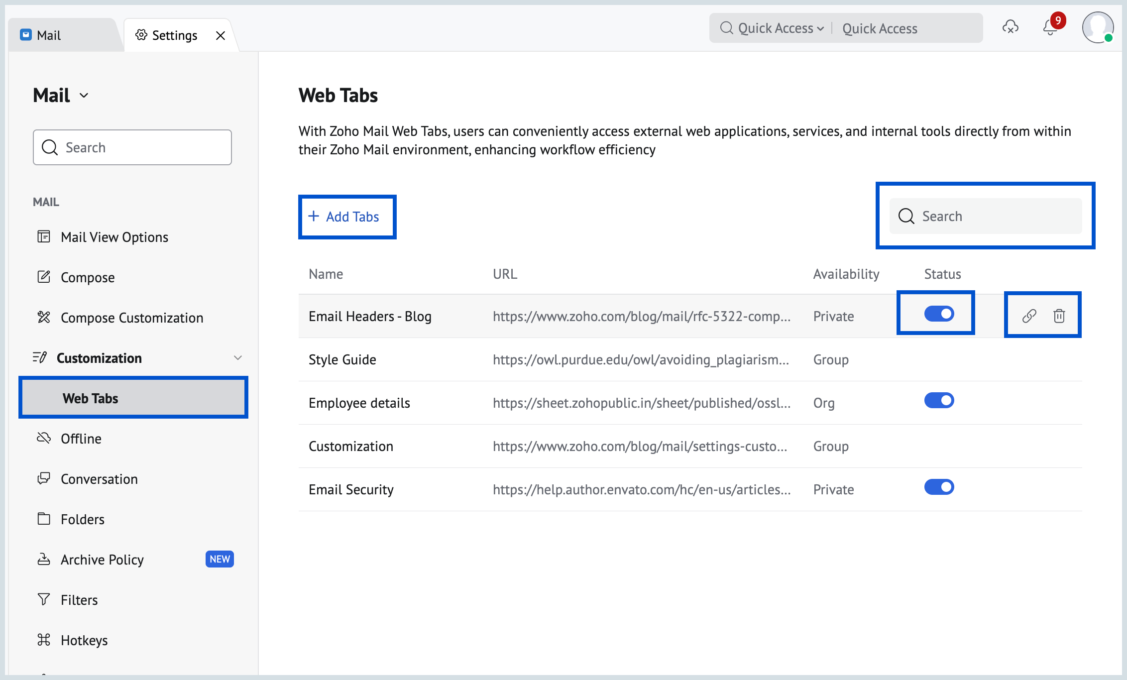 Web Tab Settings