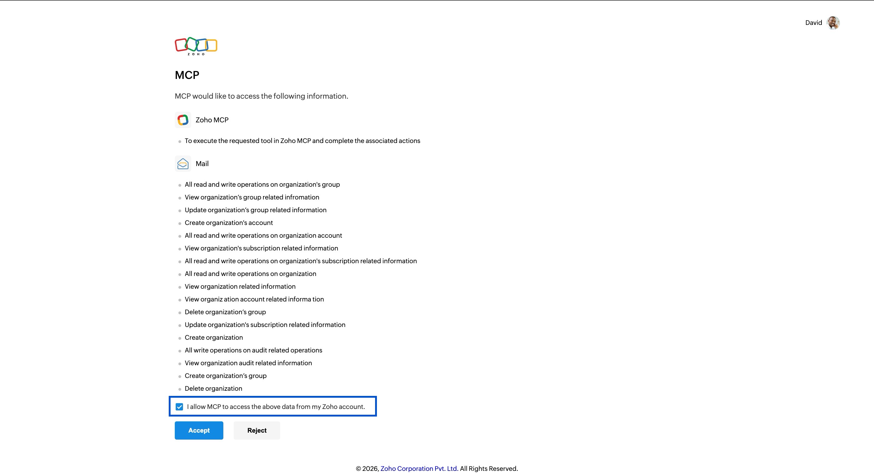 Zoho Mail Authorization screen Zoho Mail Authorization screen