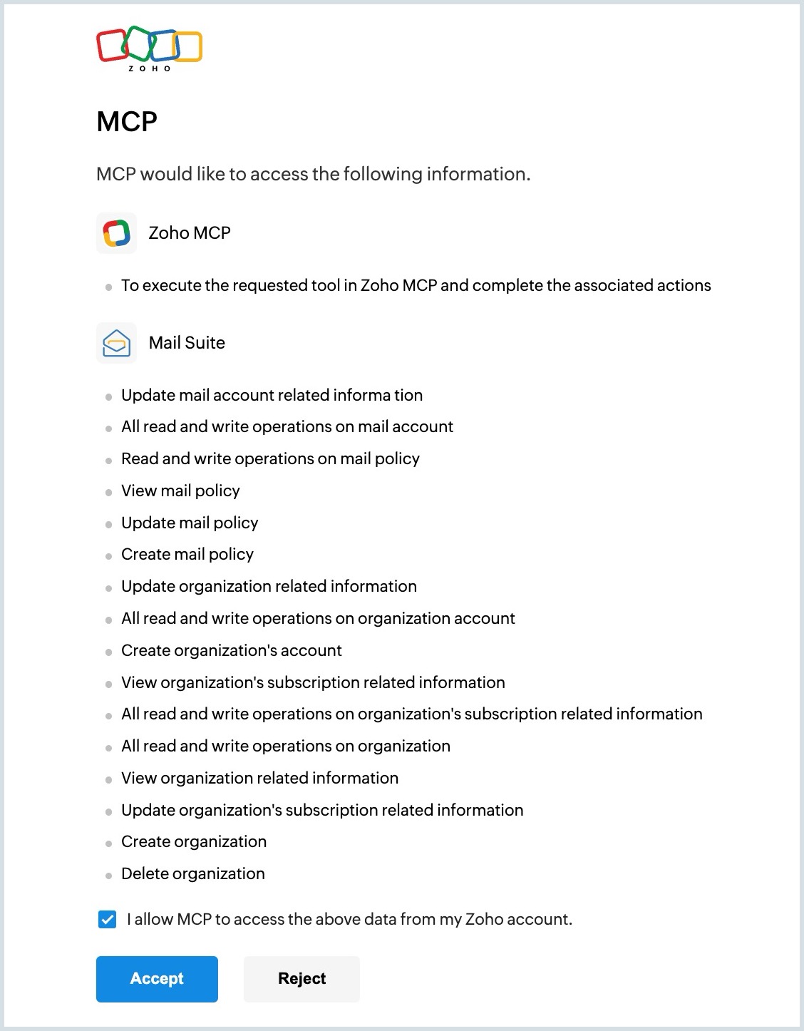 Zoho Work account OAuth screen Zoho Work account OAuth screen