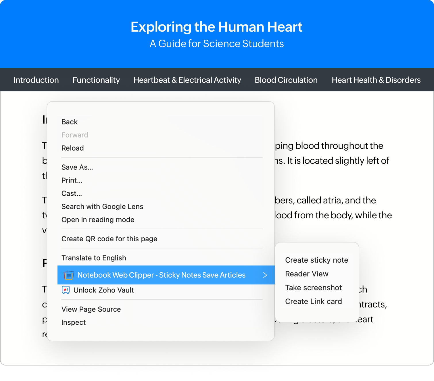 Right-click context menu showing Web Clipper quick actions