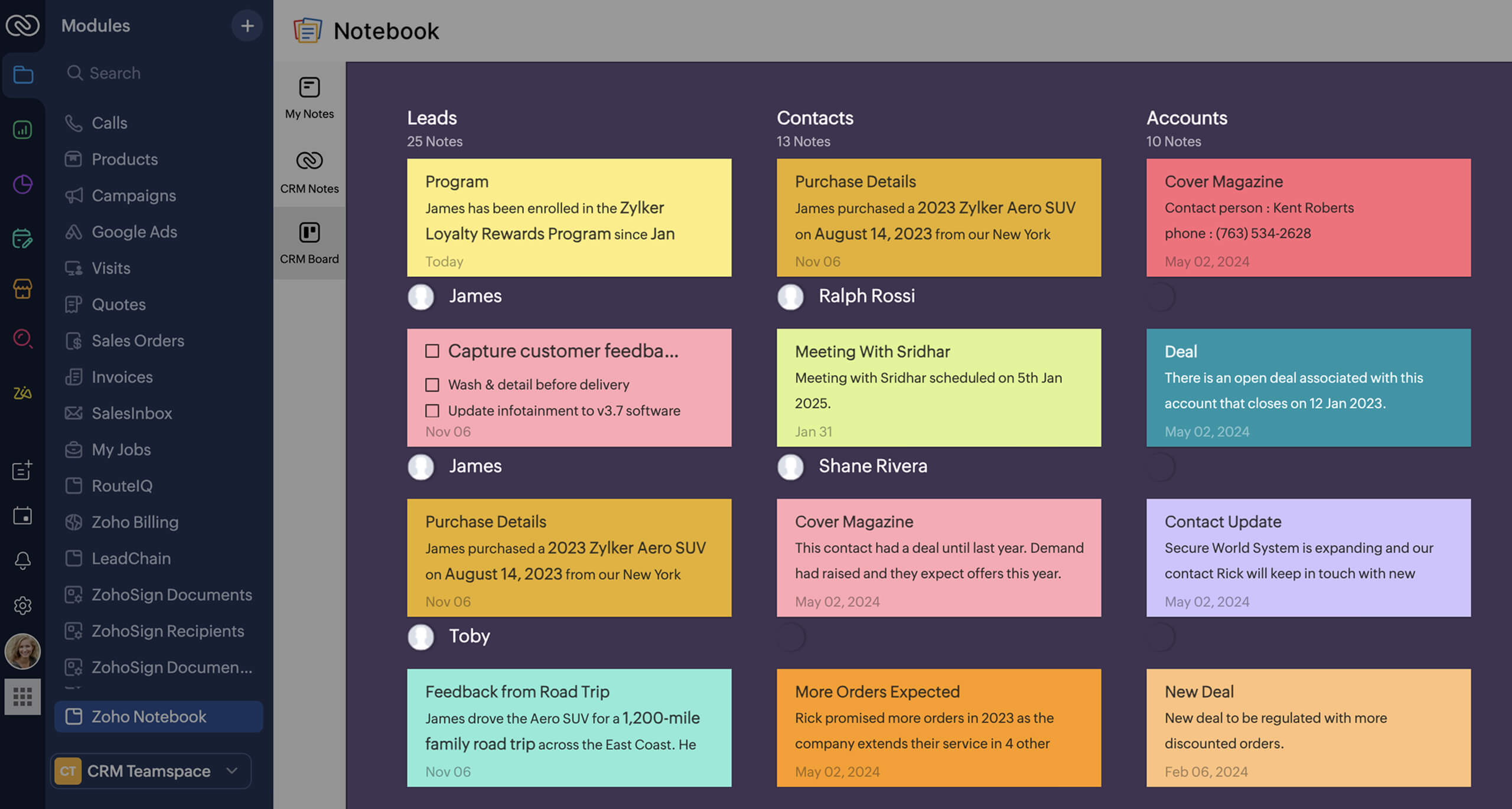 Kanban-style CRM Board view of notes