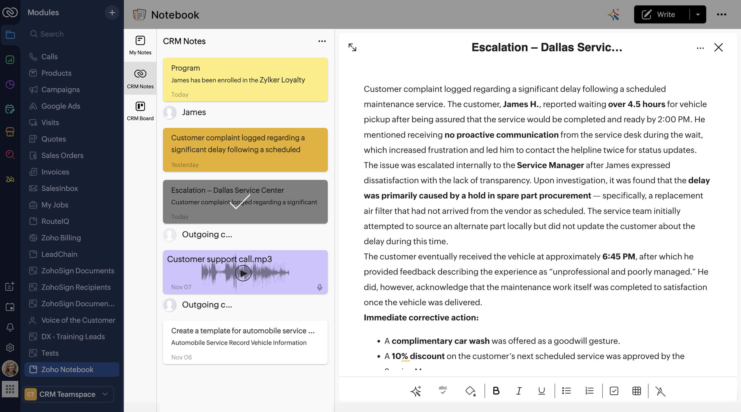 Unified view of My Notes and CRM Notes in Zoho Notebook