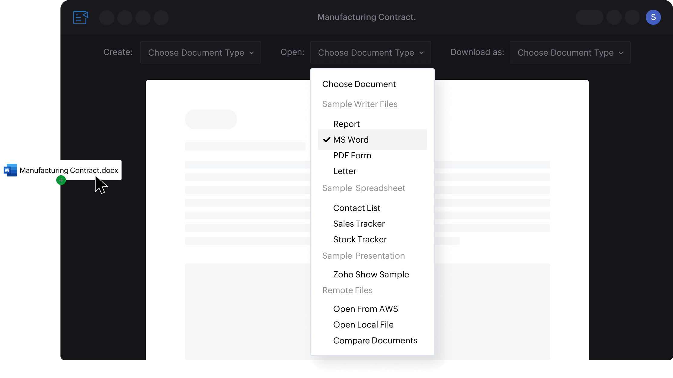 Illustration of contract building using templates and MS Word documents