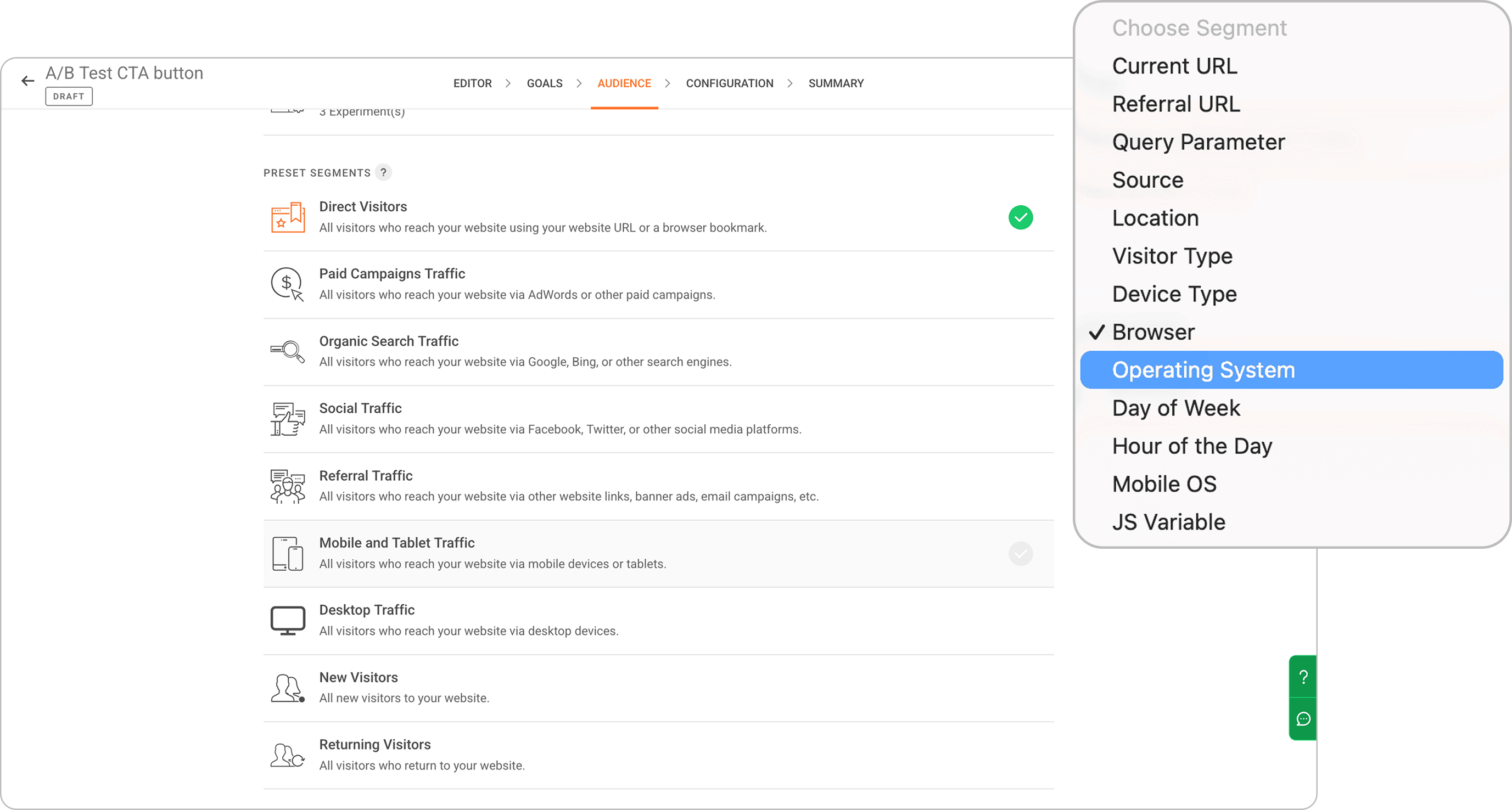 Setting a target audience with segment conditions for an A/B test