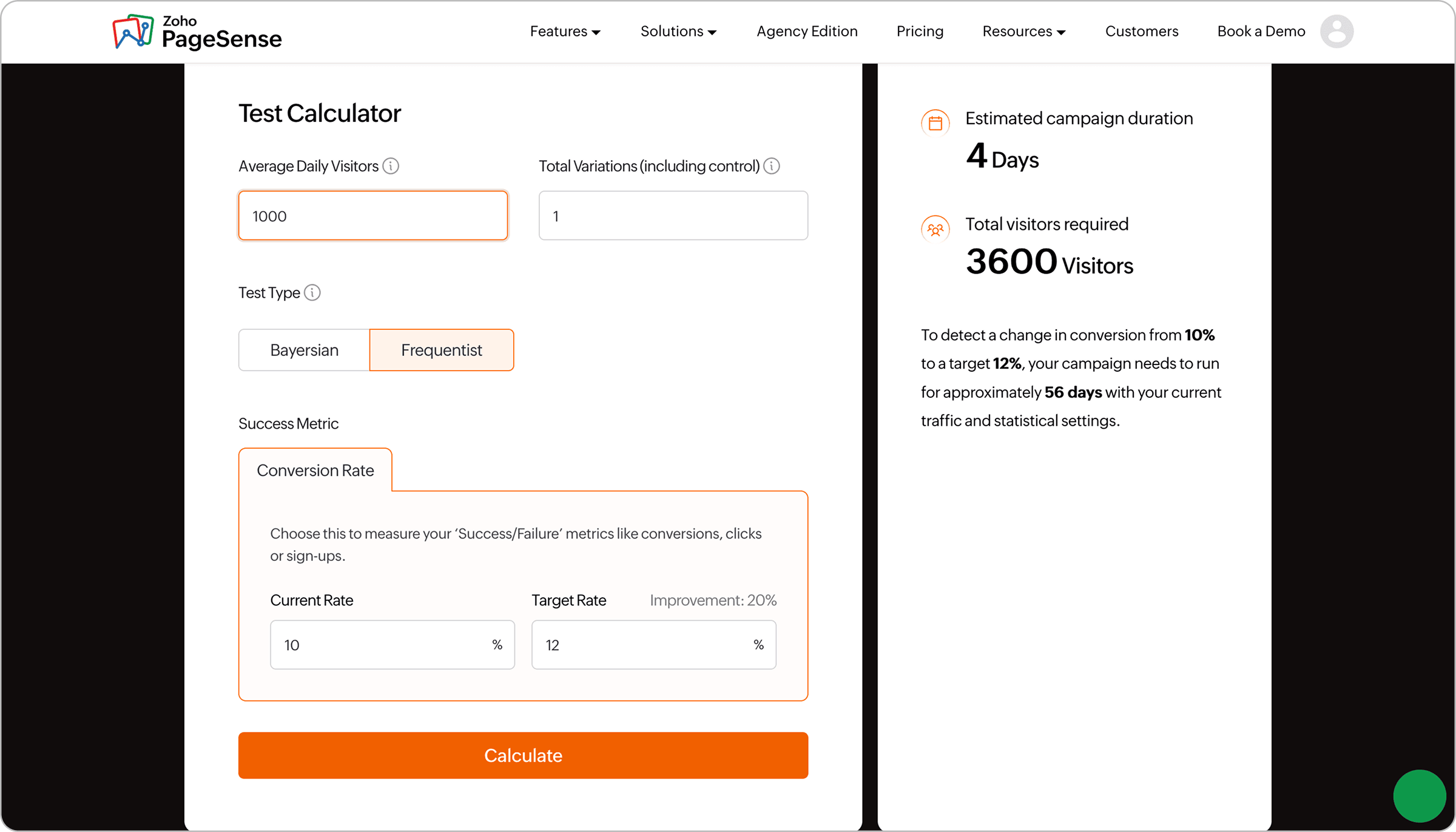 A/B test sample size calculator showing estimated campaign duration and total visitors required